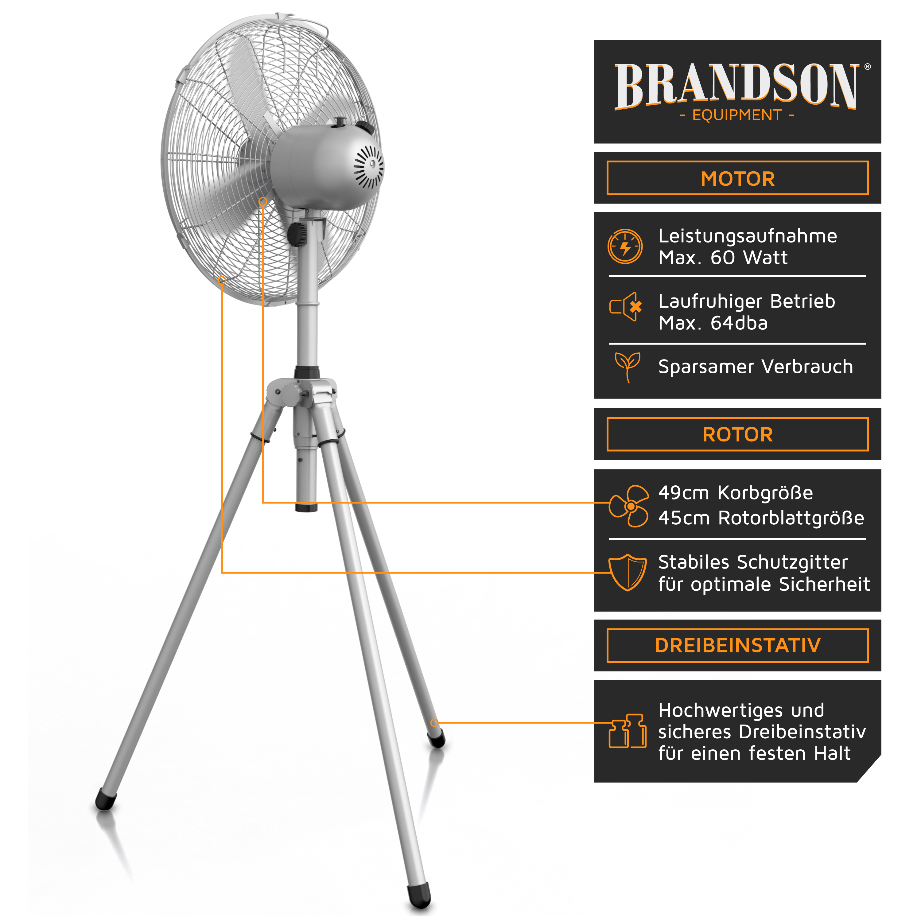 Brandson Standventilator mit stabiler Dreibeinbasis, grauem Gehäuse und großem Schutzgitter für optimale Sicherheit.