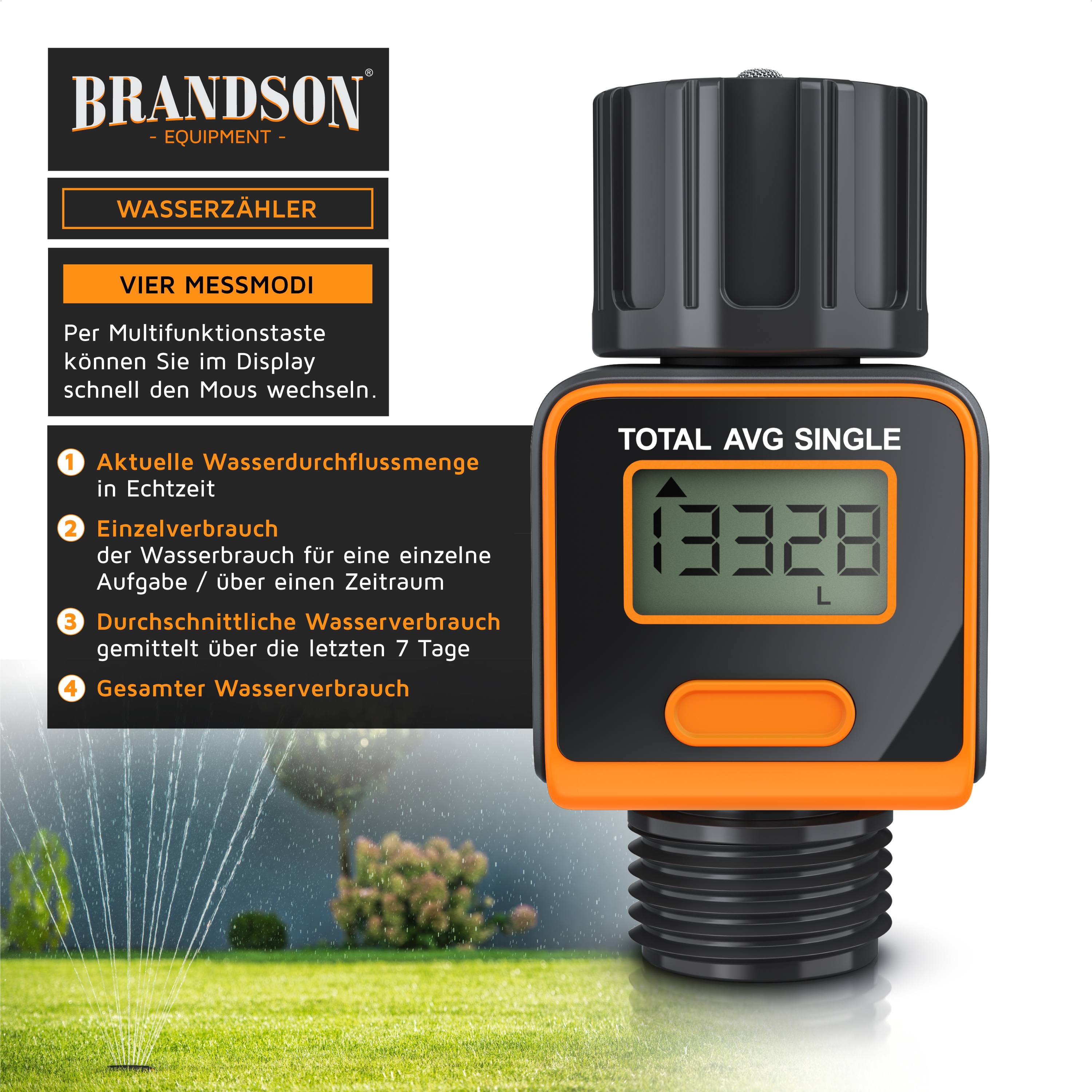 Brandson Wasserzähler mit digitalem Display, orange-schwarzem Gehäuse und Multifunktionstaste zur Anzeige des Wasserverbrauchs.