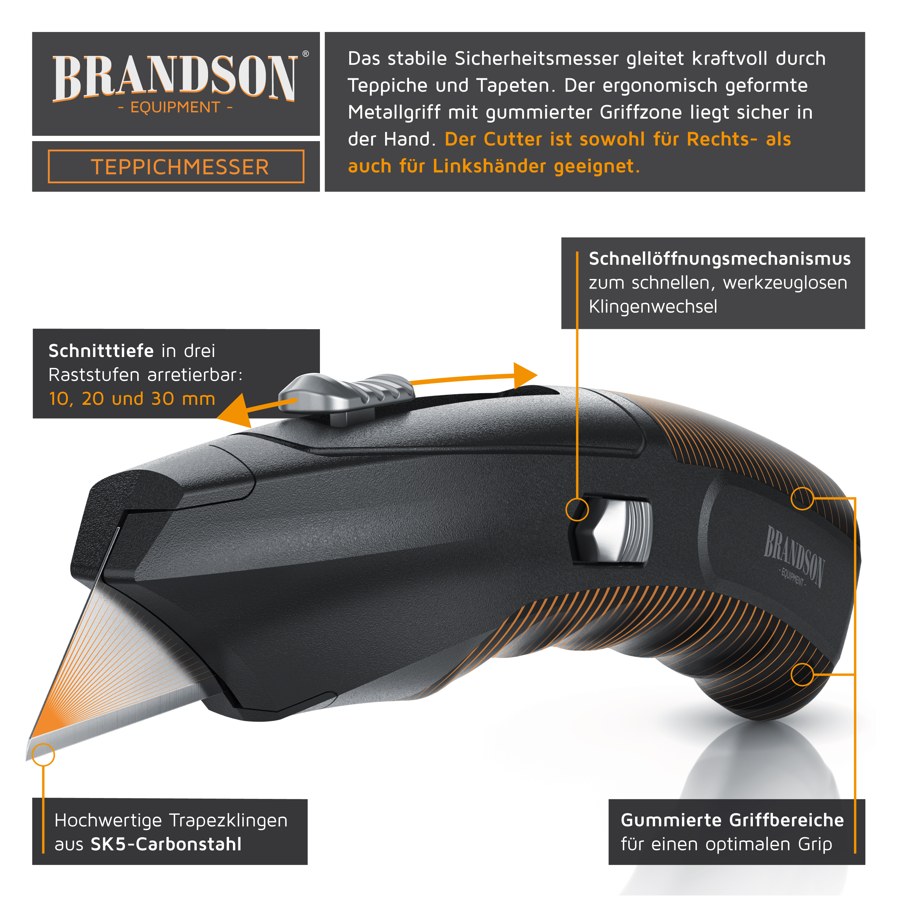 Brandson Teppichmesser mit ergonomischem Metallgriff, gummierten Griffbereichen und Schnellöffnungsmechanismus für einfachen Klingenwechsel.