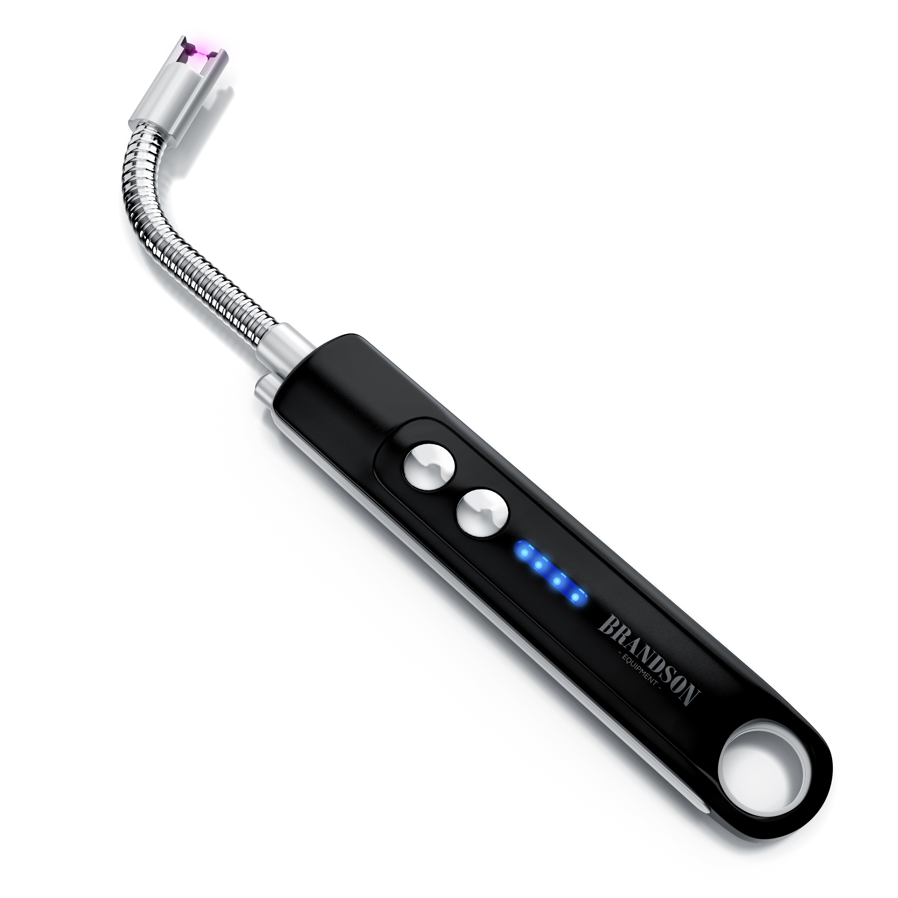 Brandson elektrischer Grillanzünder mit flexiblem Edelstahlrohr, schwarzem Griff und blauen LED-Anzeigen.