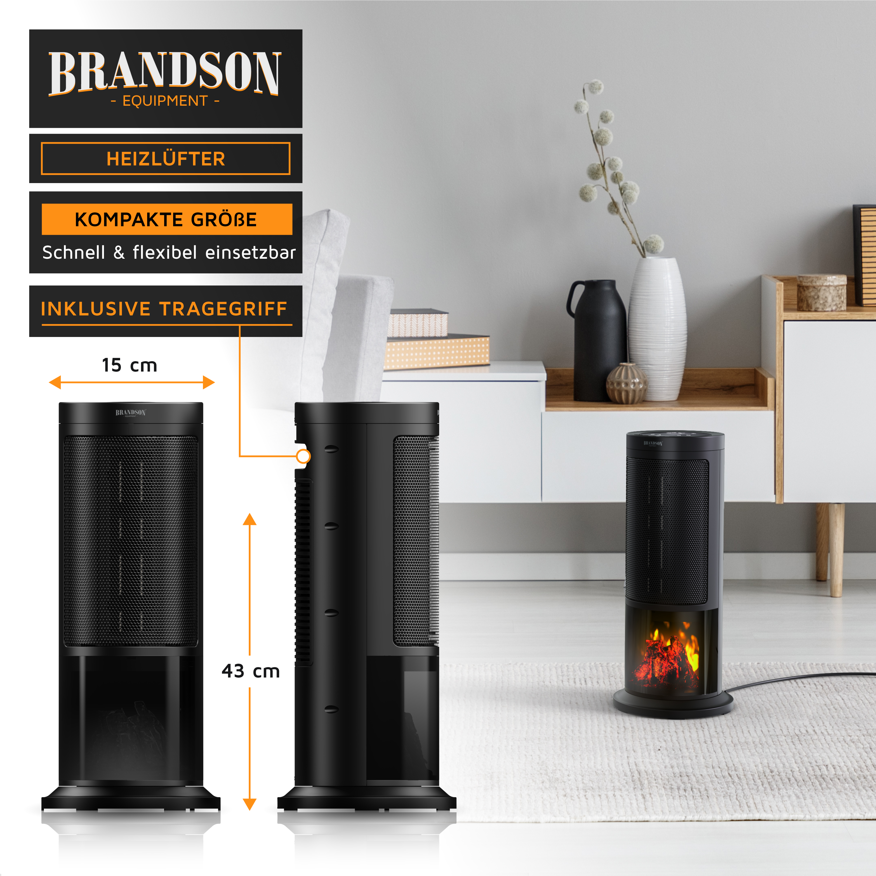 Brandson Heizlüfter in kompakter Bauform, schwarz mit Traggriff, ideal für schnelle Wärme in Wohnräumen.