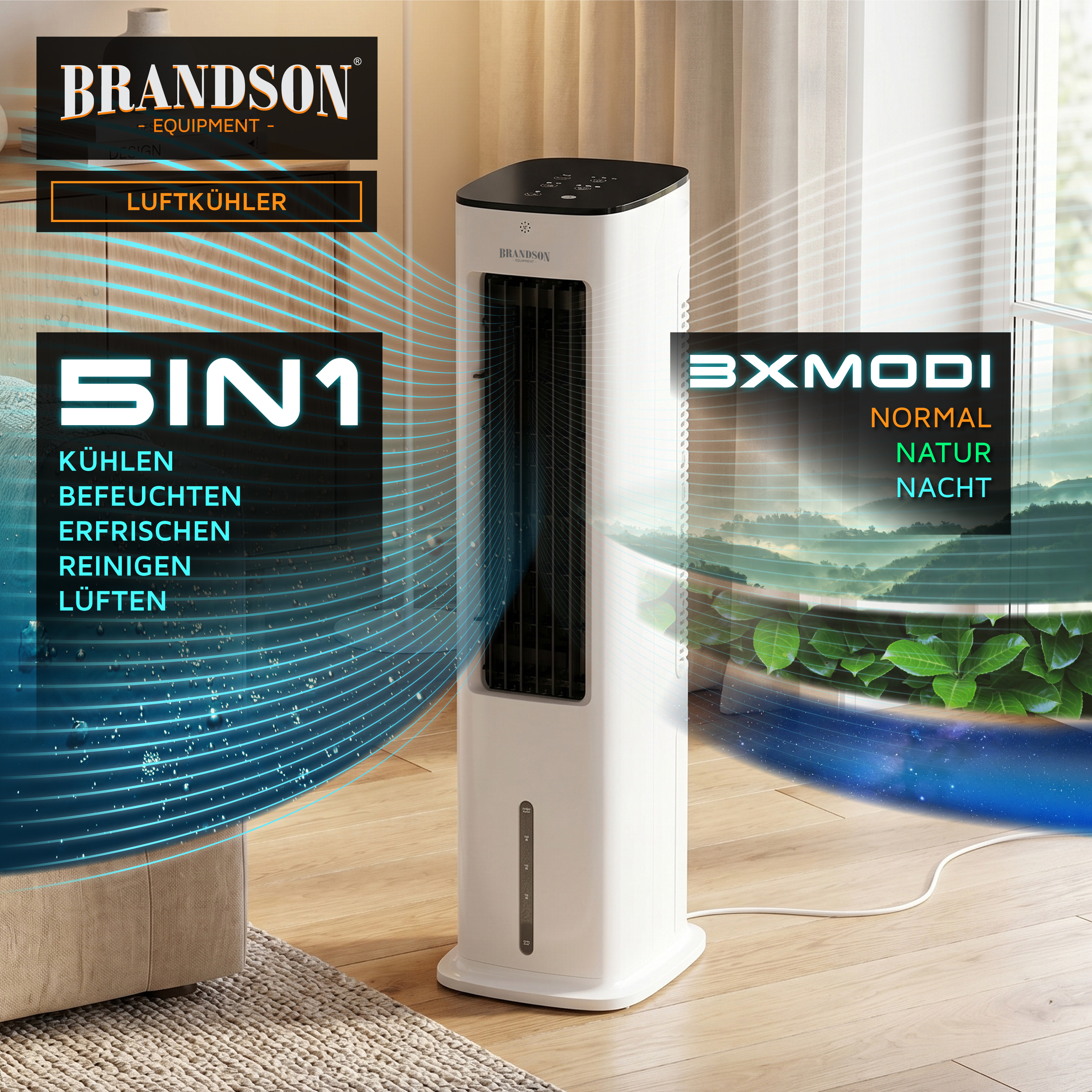 Brandson Luftkühler in Weiß mit Bedienfeld, 5-in-1-Funktionalität und drei Modi für Kühlung, Befeuchtung und Reinigung.