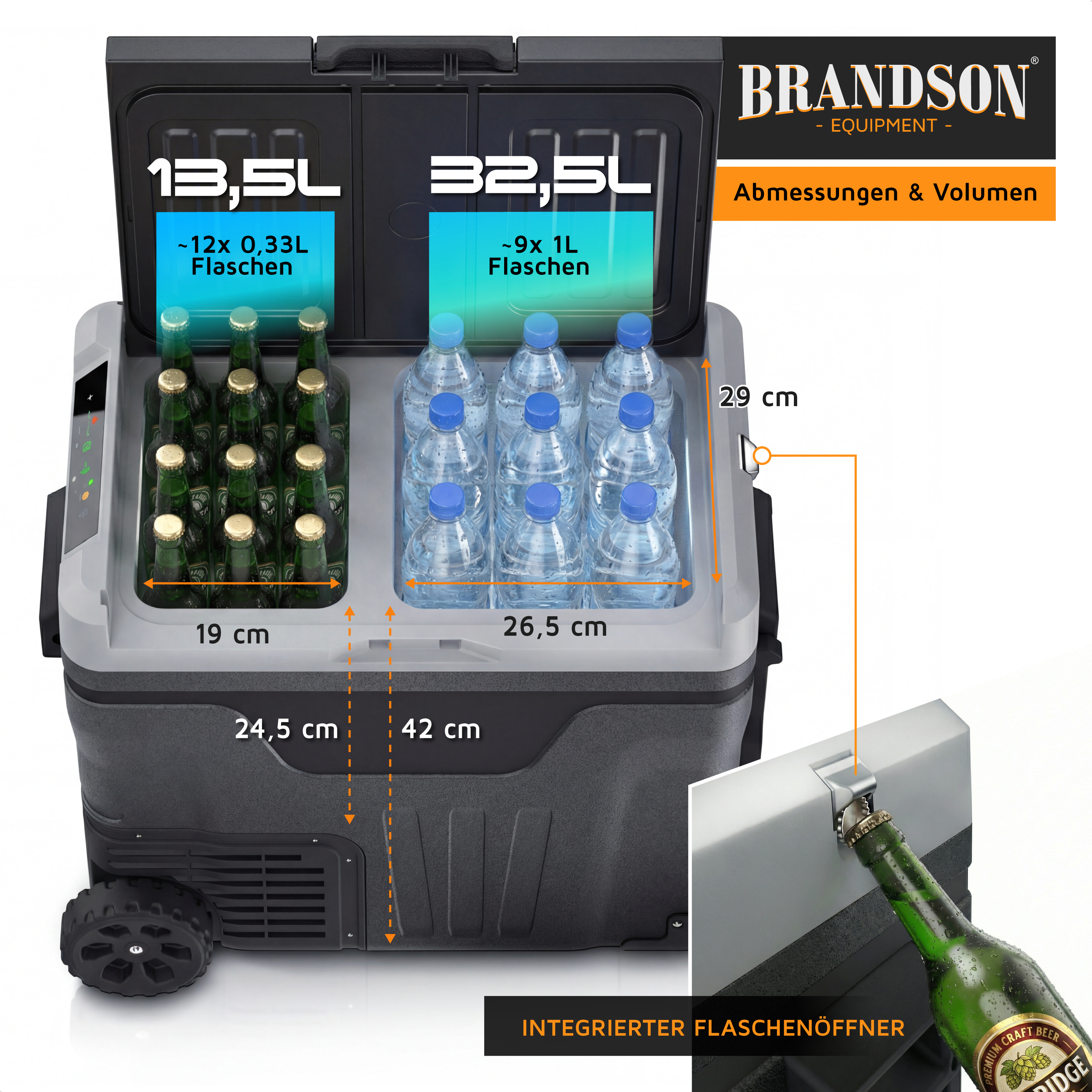 Brandson elektrische Kühlbox mit zwei Fächern, 13,5L und 32,5L Volumen, integrierter Flaschenöffner, Rollen für einfache Mobilität.