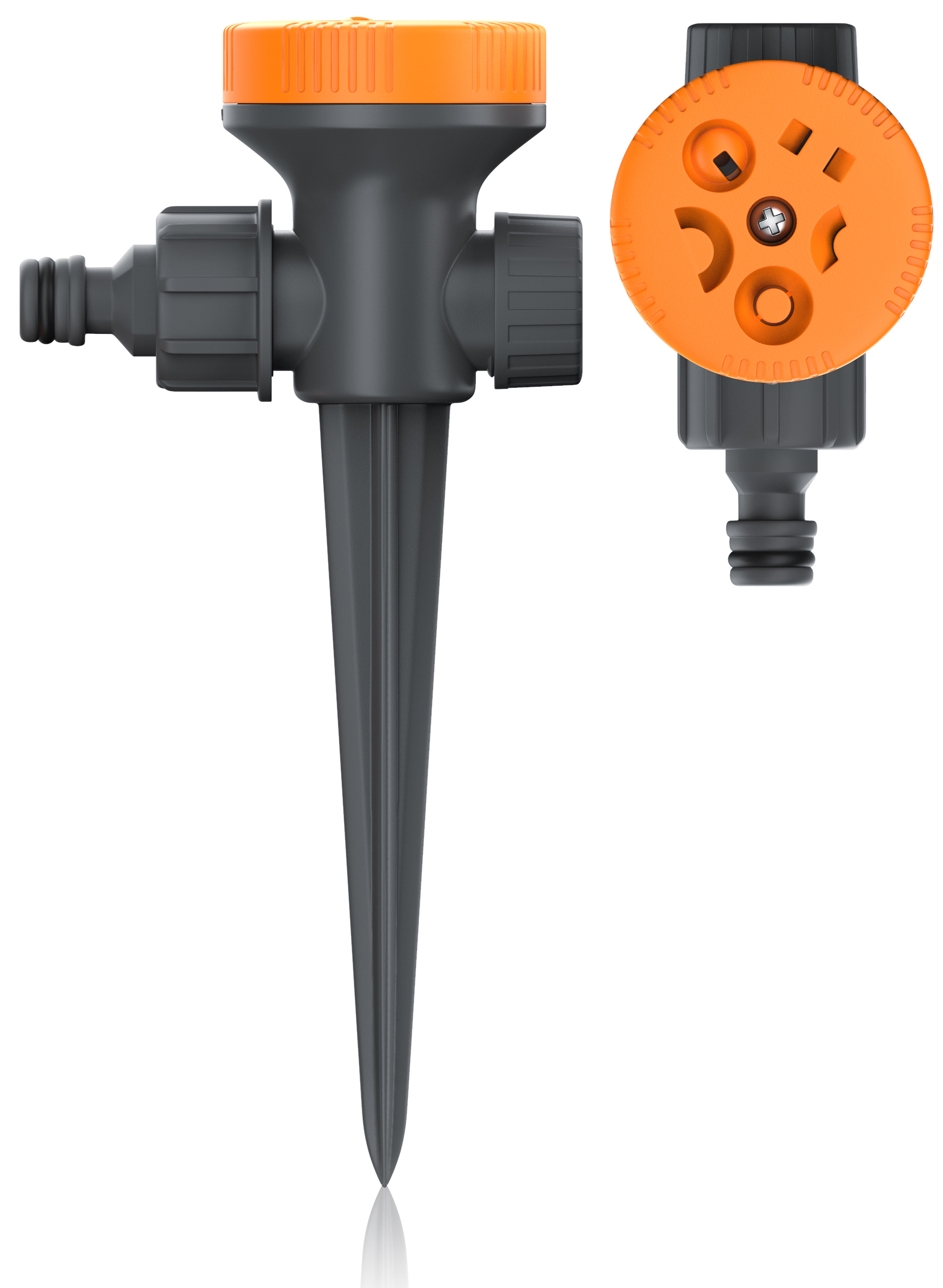 Brandson-Gartensprinkler mit grauem Gehäuse und orangefarbenem Oberteil, einstellbaren Sprüheinstellungen und einem spitzen Stab zum einfachen Einsetzen in den Boden.