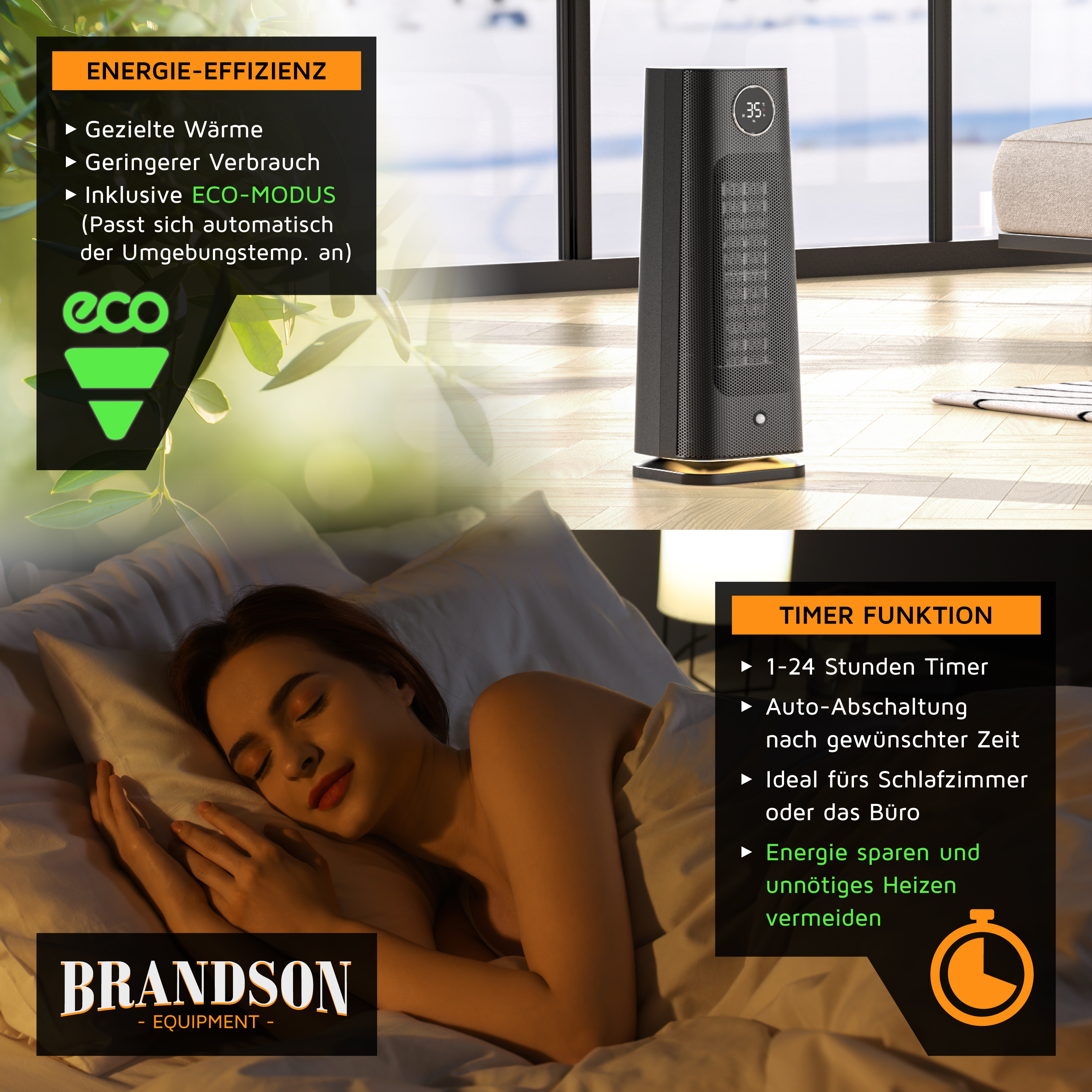 Brandson Heizlüfter in schwarzer Bauform mit digitalem Display und Timer-Funktion, ideal für Schlafzimmer oder Büro.