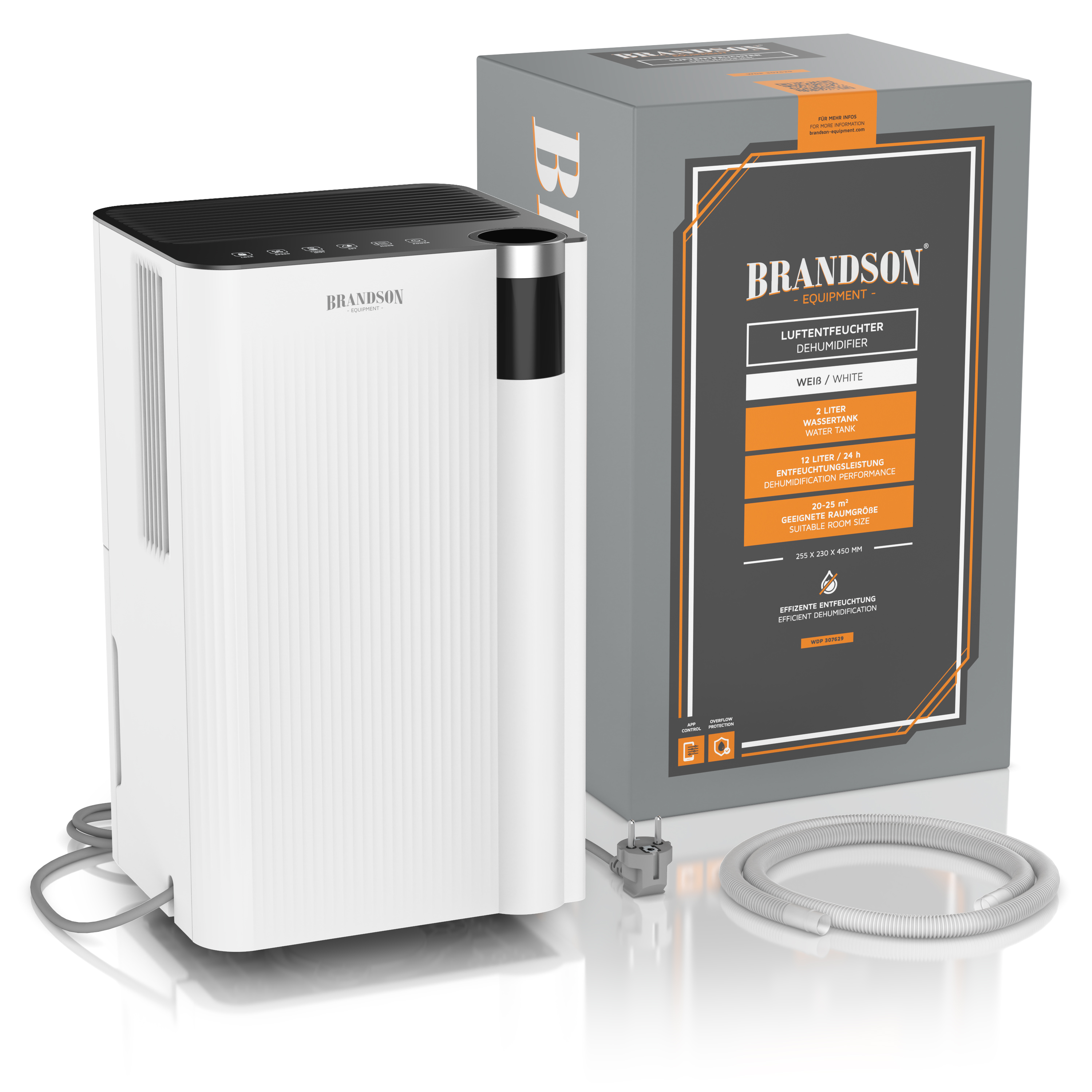 Luftentfeuchter von Brandson in Weiß mit elegantem Design, Bedienfeld oben und Wasserablaufschlauch sowie Verpackung.