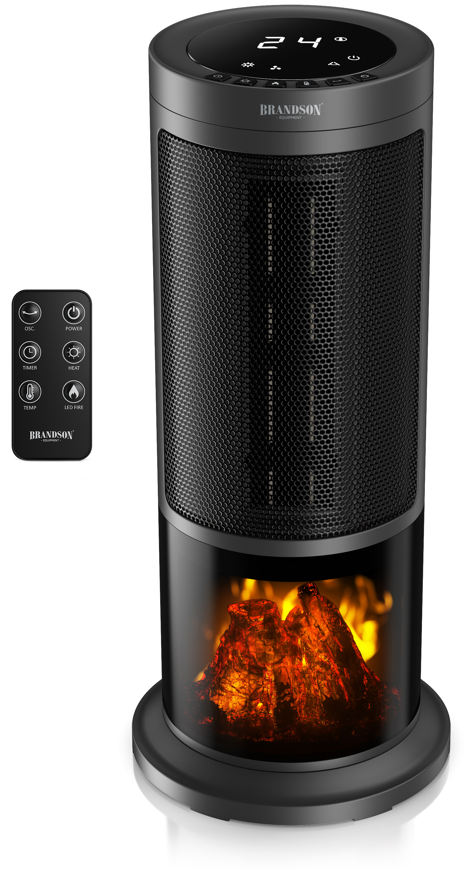 Brandson Heizlüfter Bereich mit schwarzem Gehäuse, digitalem Display und Fernbedienung, zeigt eine LED-Flamme im unteren Bereich.