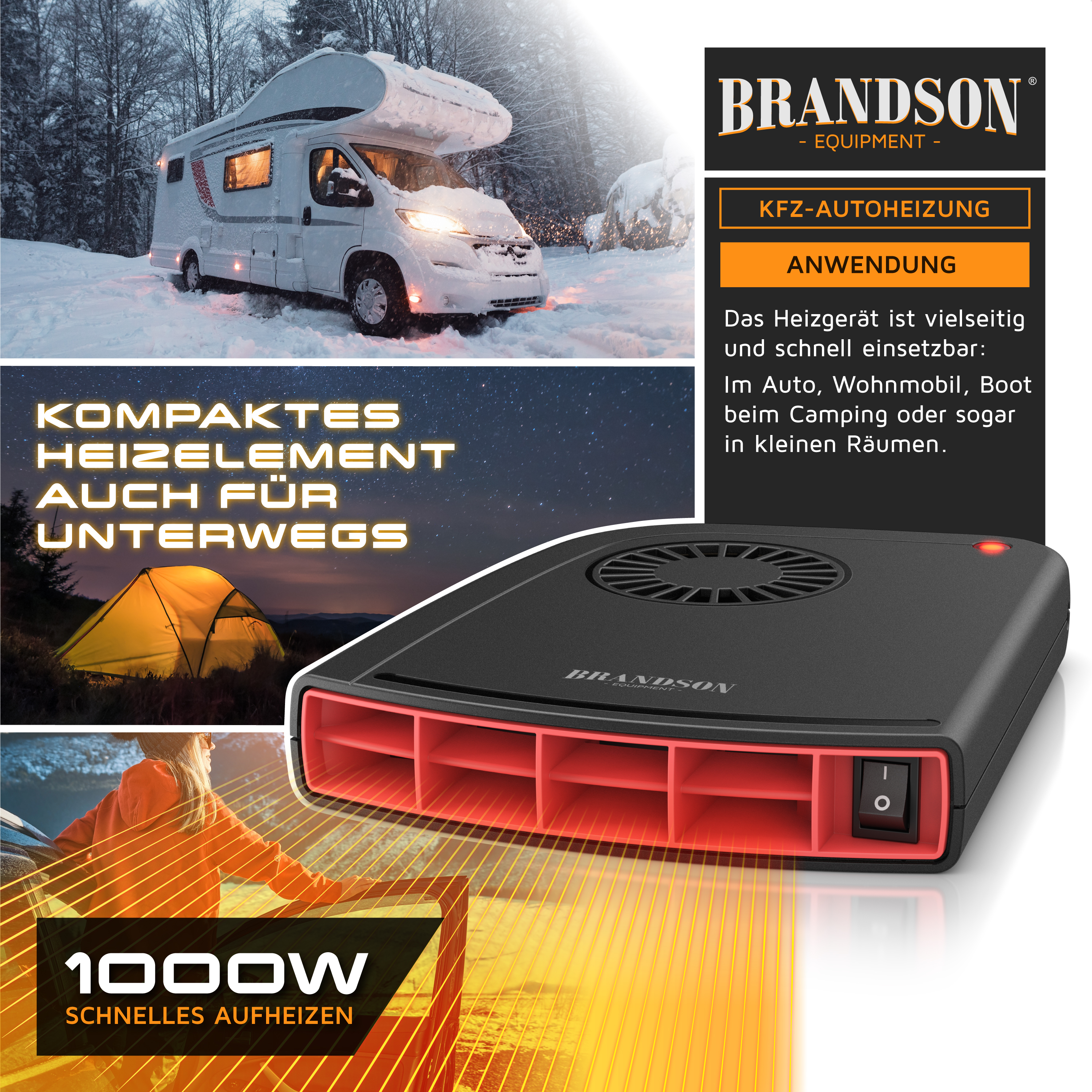 Brandson KFZ-Autoheizung in kompaktem Design, schwarz mit rotem Luftauslass, ideal für den Einsatz im Auto oder Wohnmobil.