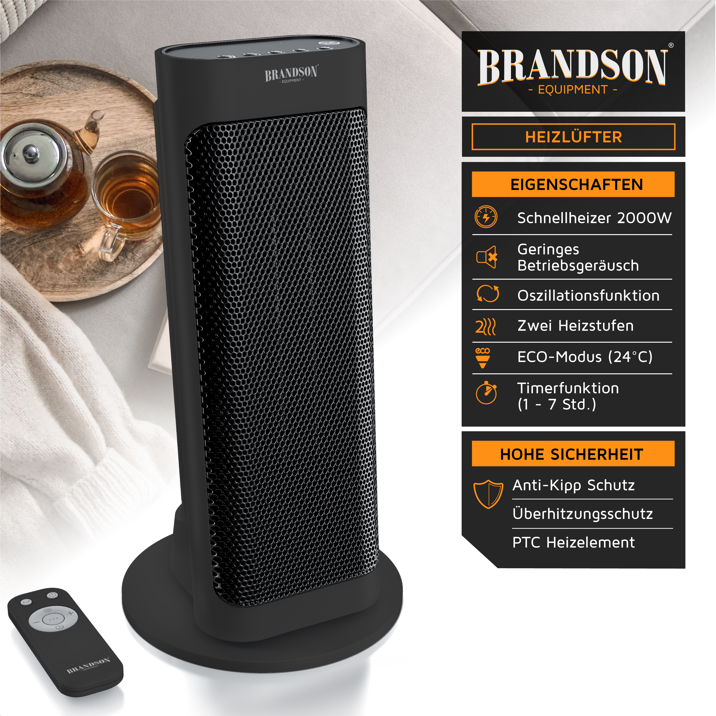 Brandson Heizlüfter in Schwarz mit runder Basis, Bedienfeld oben und Fernbedienung, ideal für den Einsatz im Wohnbereich.