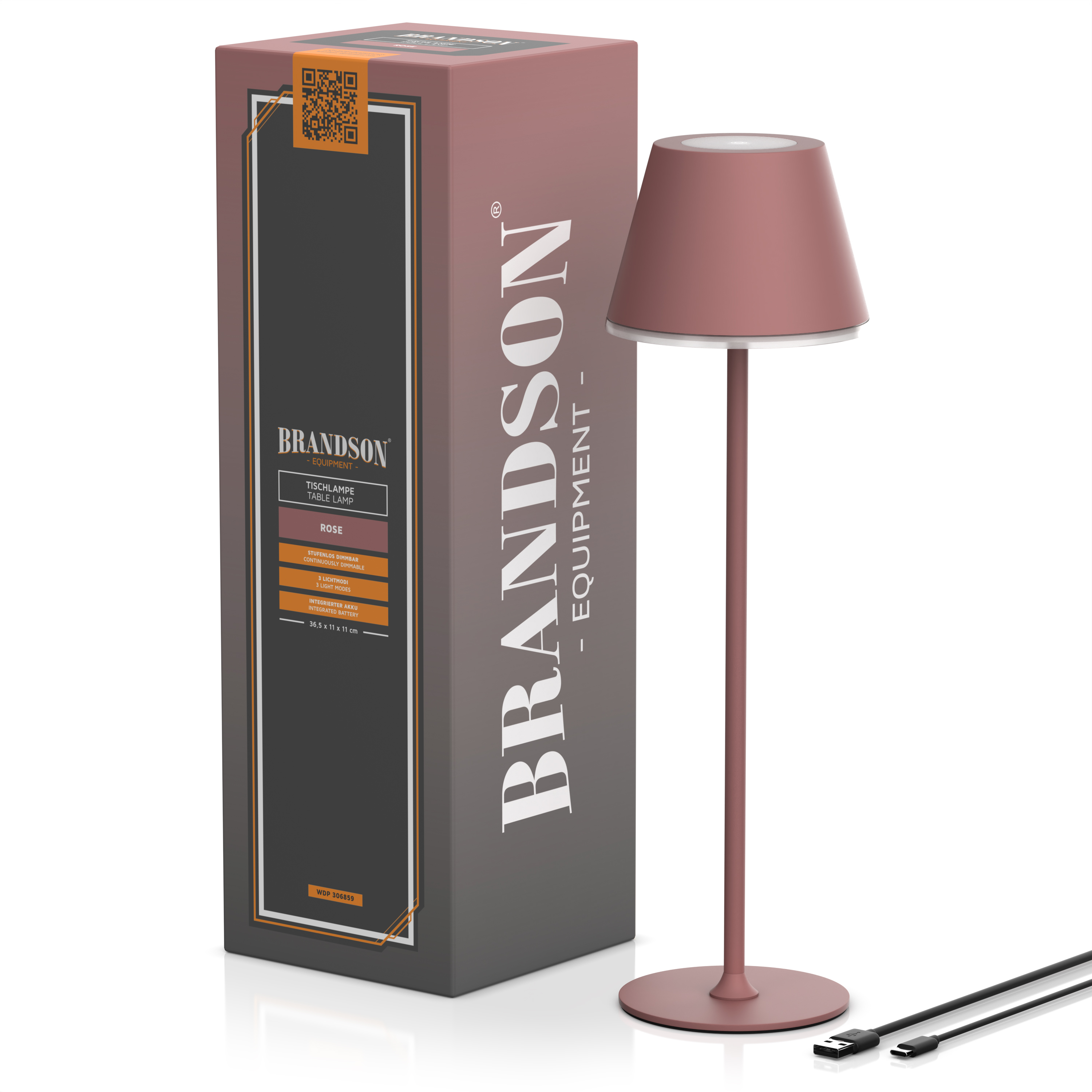 Brandson Tischlampe in Rosa mit schlanker Bauform, runder Basis und USB-Anschluss, präsentiert in einer eleganten Verpackung.