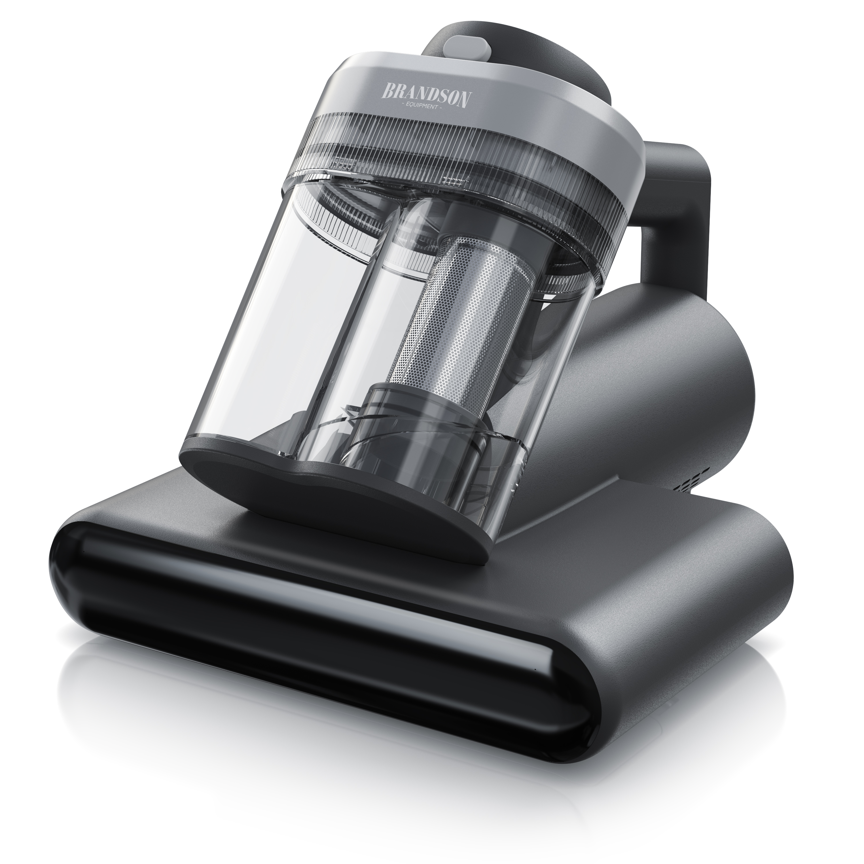 Brandson Handstaubsauger in Grau mit transparentem Staubbehälter und ergonomischem Griff, ideal für die einfache Reinigung.