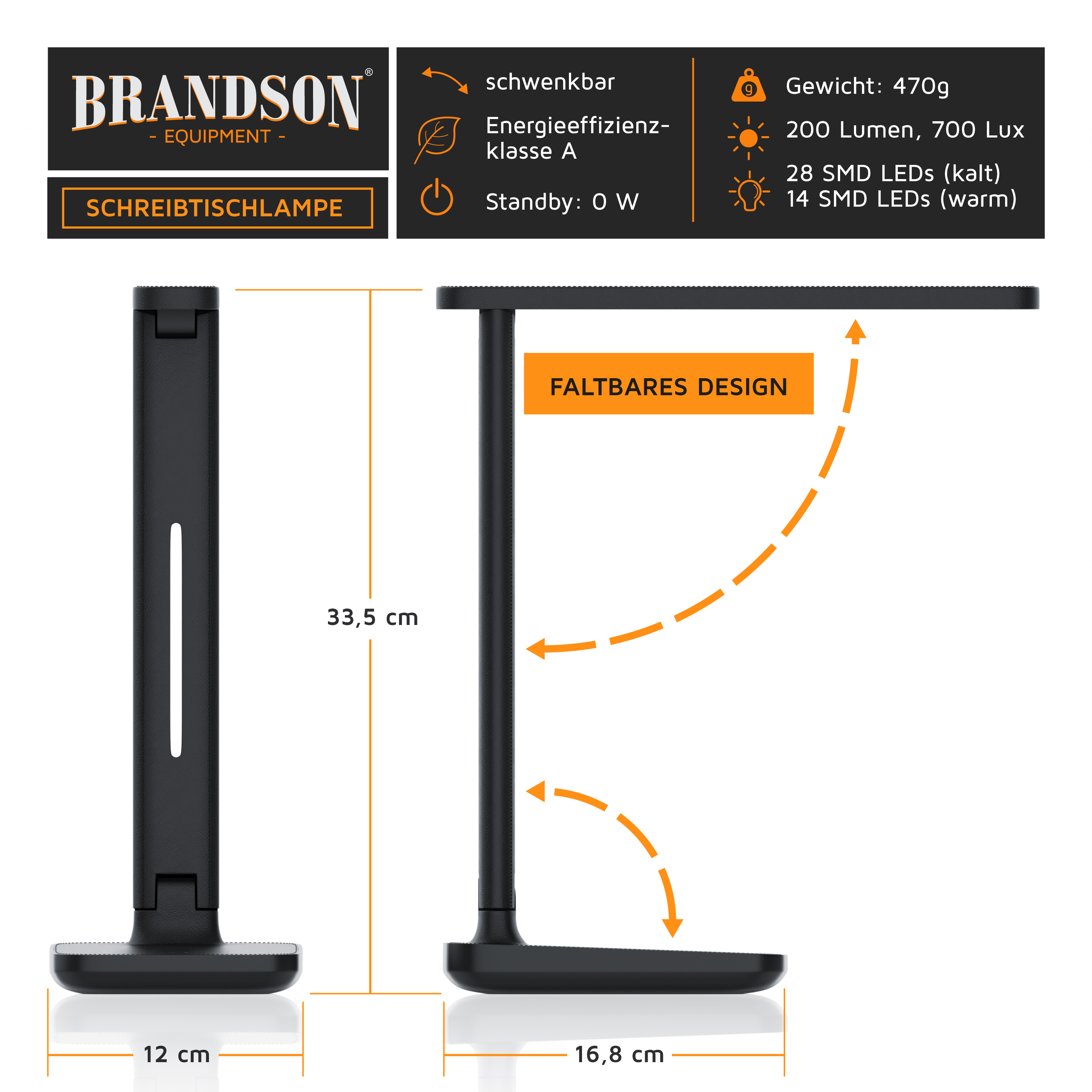 Brandson Schreibtischlampe mit schwenkbarem Arm, faltbarem Design und schwarzem Gehäuse, ideal für den Einsatz am Arbeitsplatz.