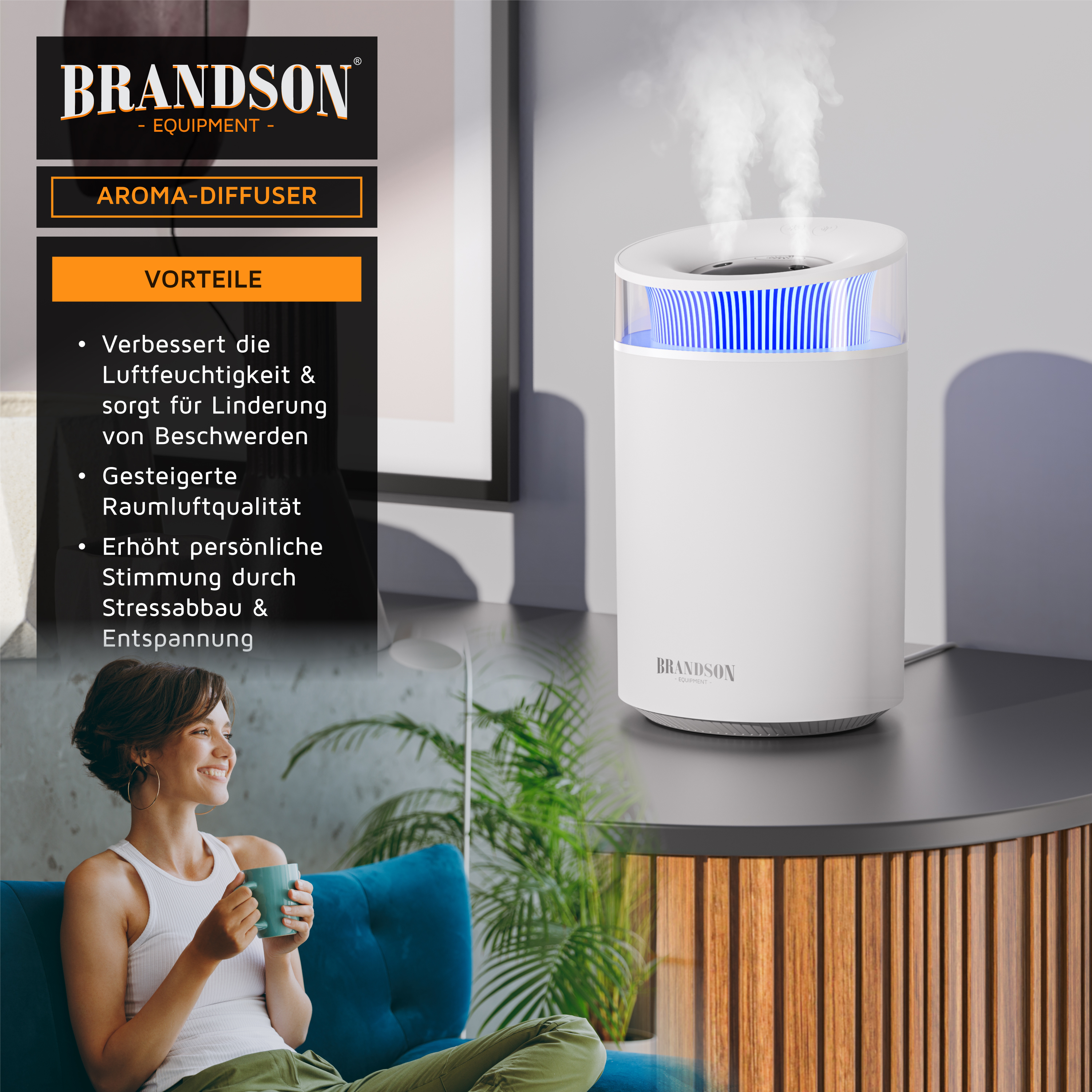 Brandson Aroma-Diffusor in Weiß mit blauer Beleuchtung und Dampfauslass, platziert auf einem Tisch neben einer entspannten Person.