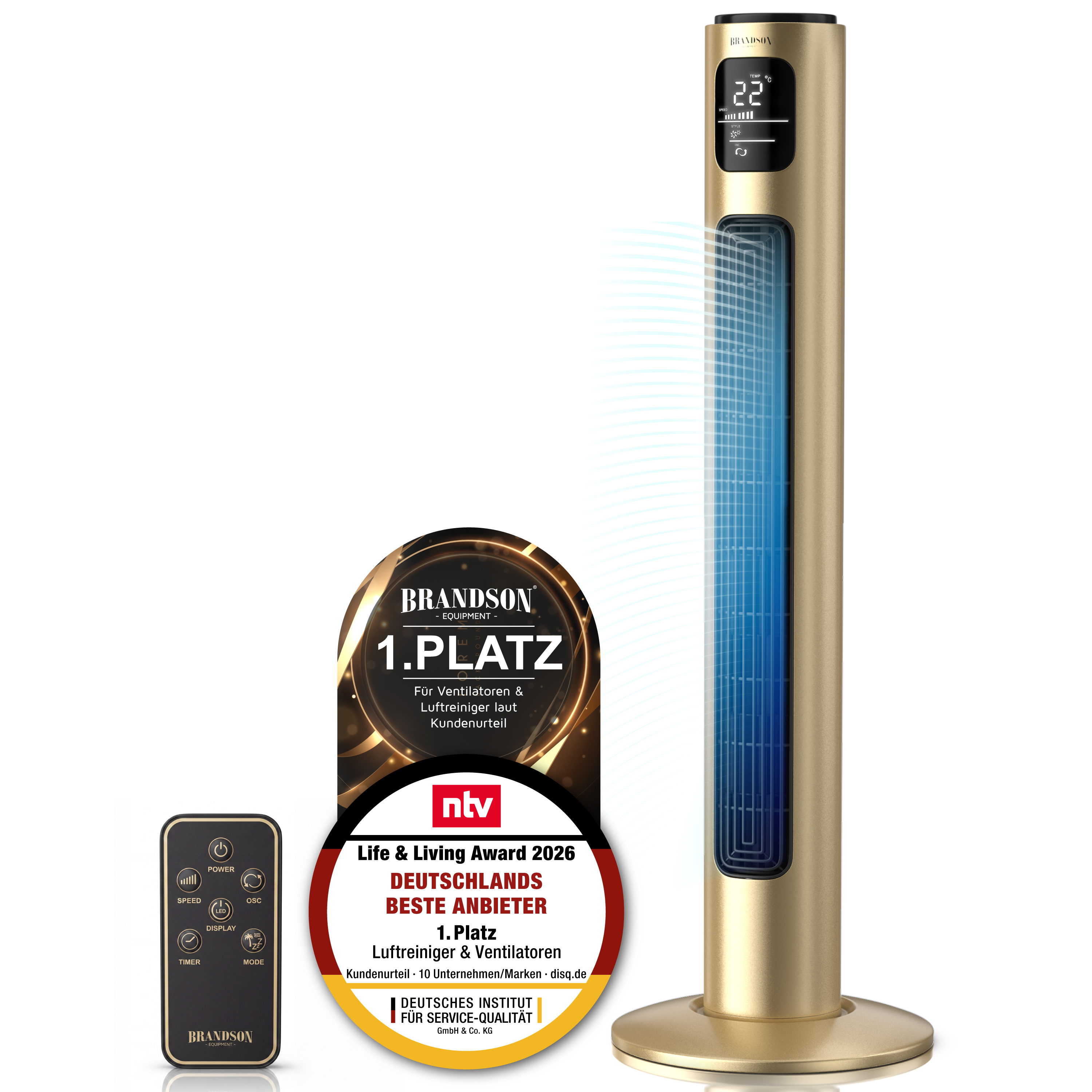 Brandson Turmventilator in Gold mit Digitalanzeige, Fernbedienung und elegantem Design, ideal für die Kühlung zu Hause.
