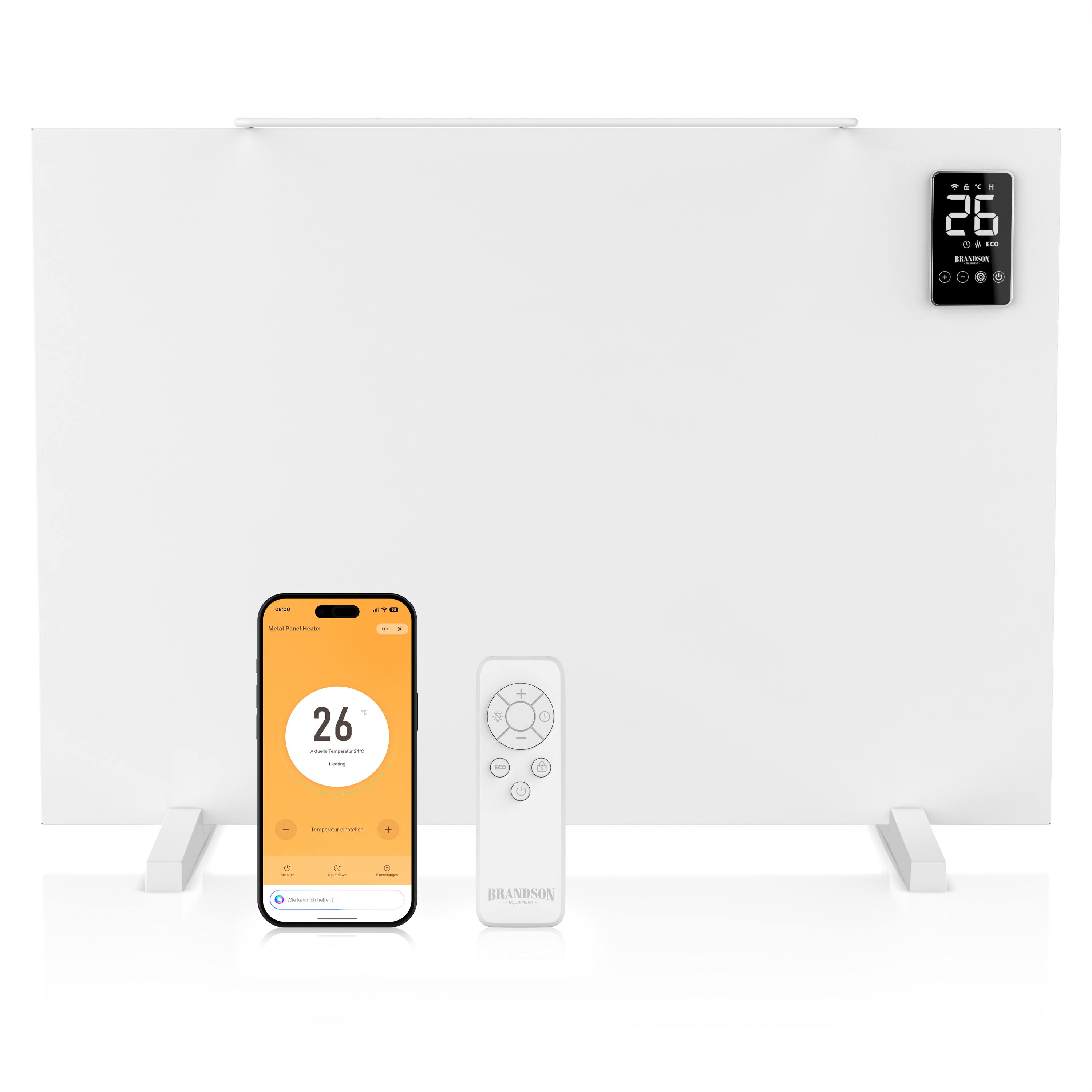 Brandson-Flächenheizer in Weiß mit digitalem Display, begleitet von einem Smartphone mit der Steuerungs-App und einer passenden Fernbedienung.