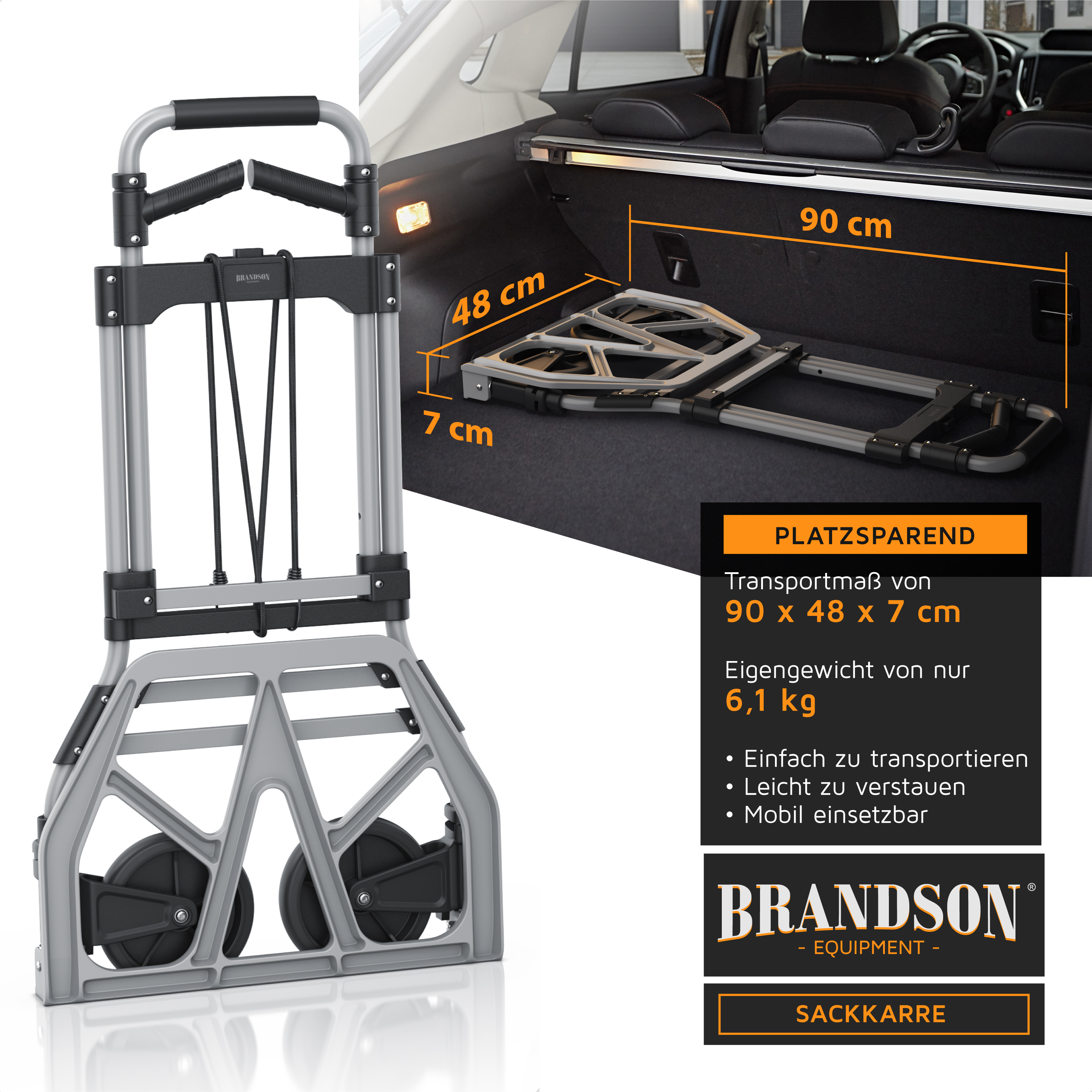 Brandson Sackkarre mit faltbarem Design, grauem Aluminiumrahmen und zwei robusten Rädern, ideal für den Transport von Lasten.