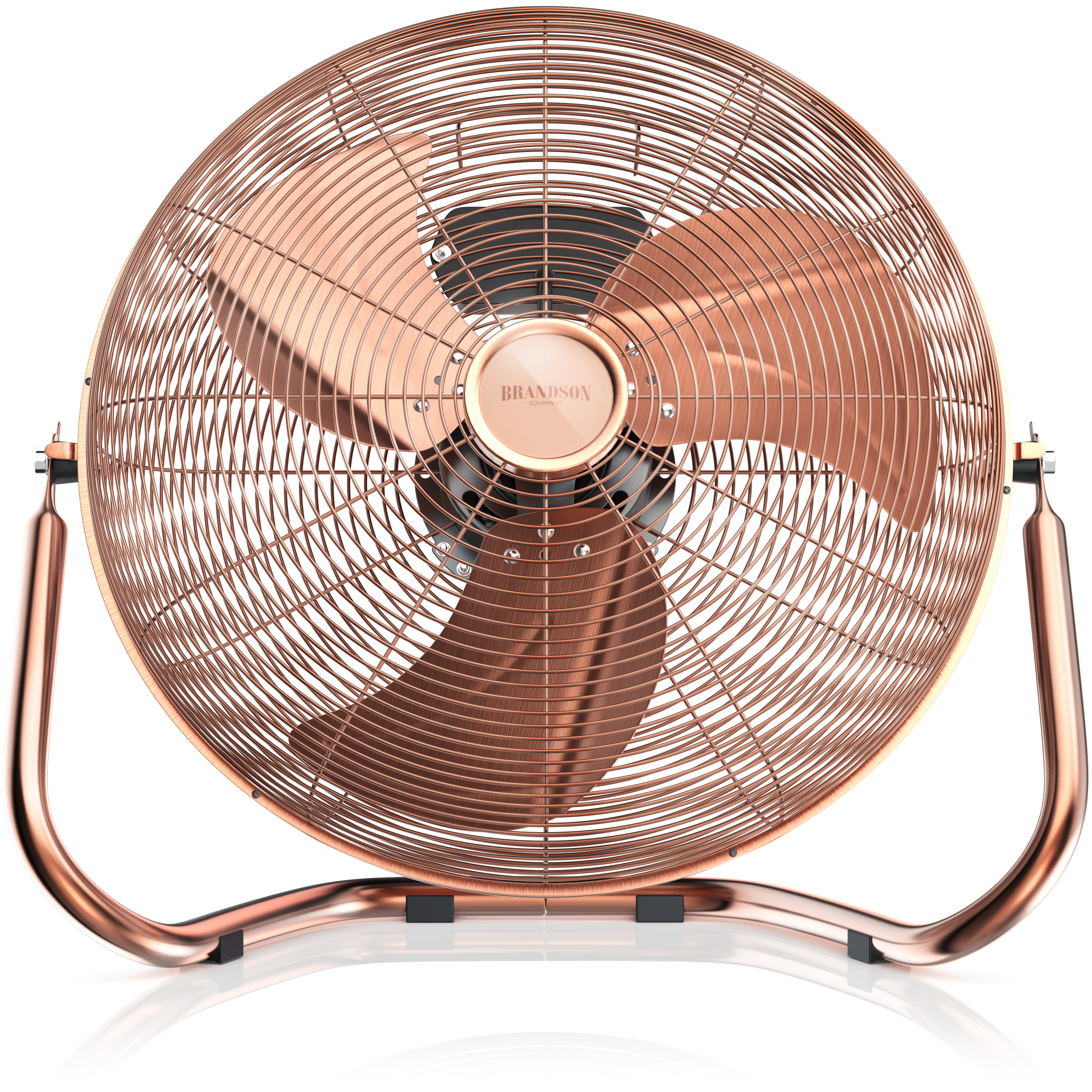 Brandson Standventilator mit kupferfarbenem Metallgehäuse und stabiler Basis, sichtbare Lüfterblätter und Markenlogo.