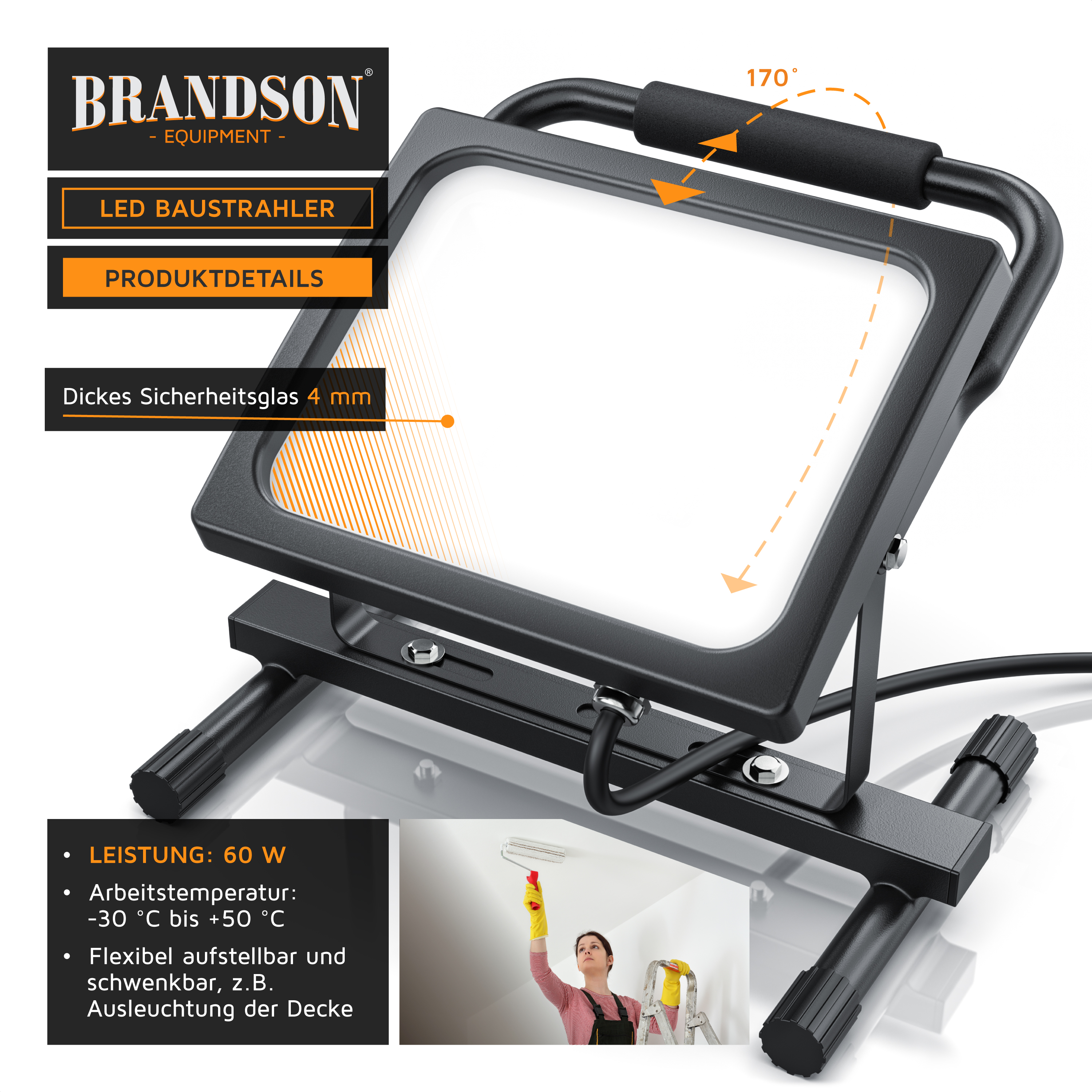 Brandson LED-Baustrahler mit verstellbarem Ständer, schwarzem Rahmen und dickem Sicherheitsglas, ideal für den Innen- und Außenbereich.
