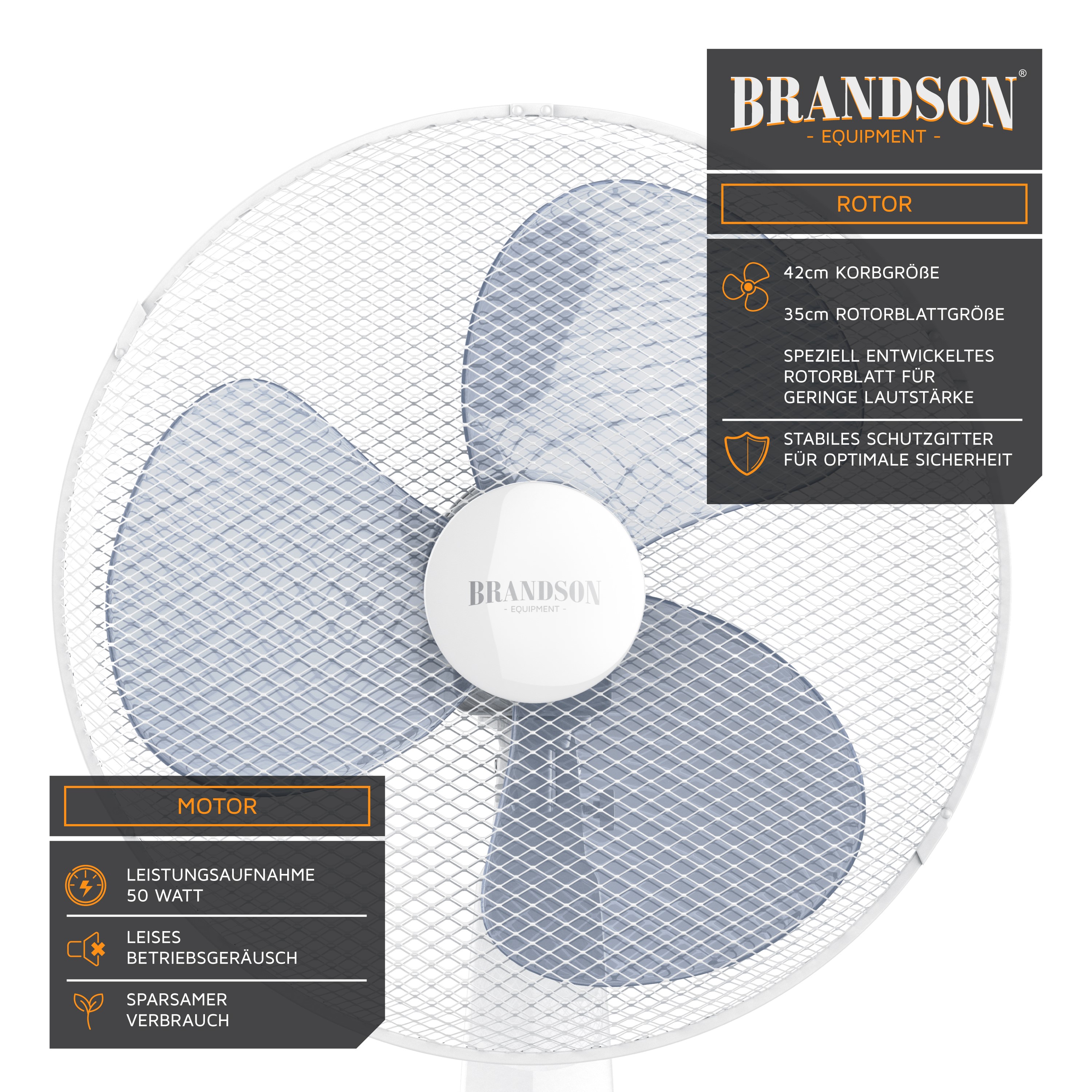Brandson Standventilator mit 42 cm Korbgröße, weißen Rotorblättern und stabilem Schutzgitter für optimale Sicherheit.