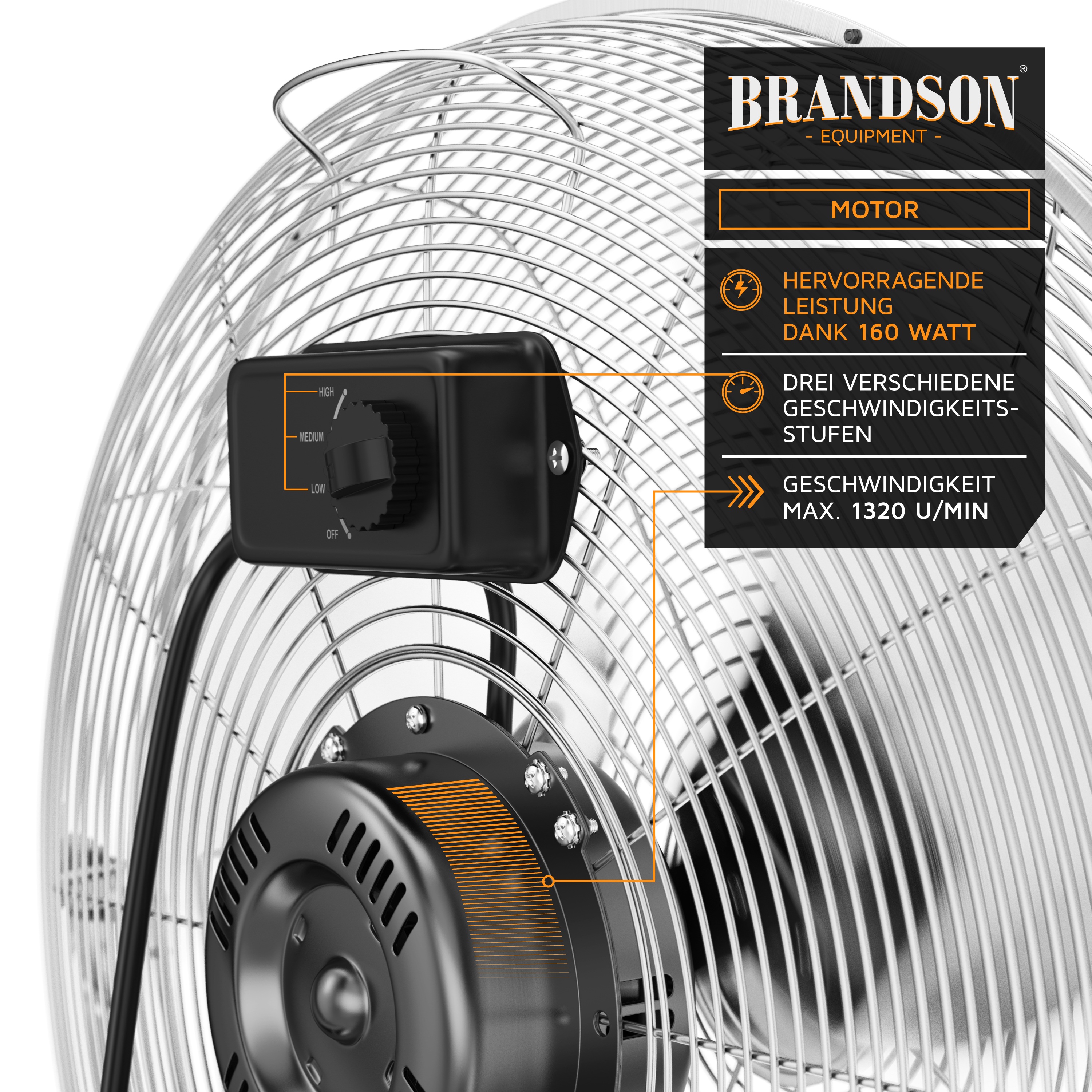 Brandson Standventilator mit schwarzem Bedienfeld, drei Geschwindigkeitsstufen und robustem Metallgitter für optimale Luftzirkulation.