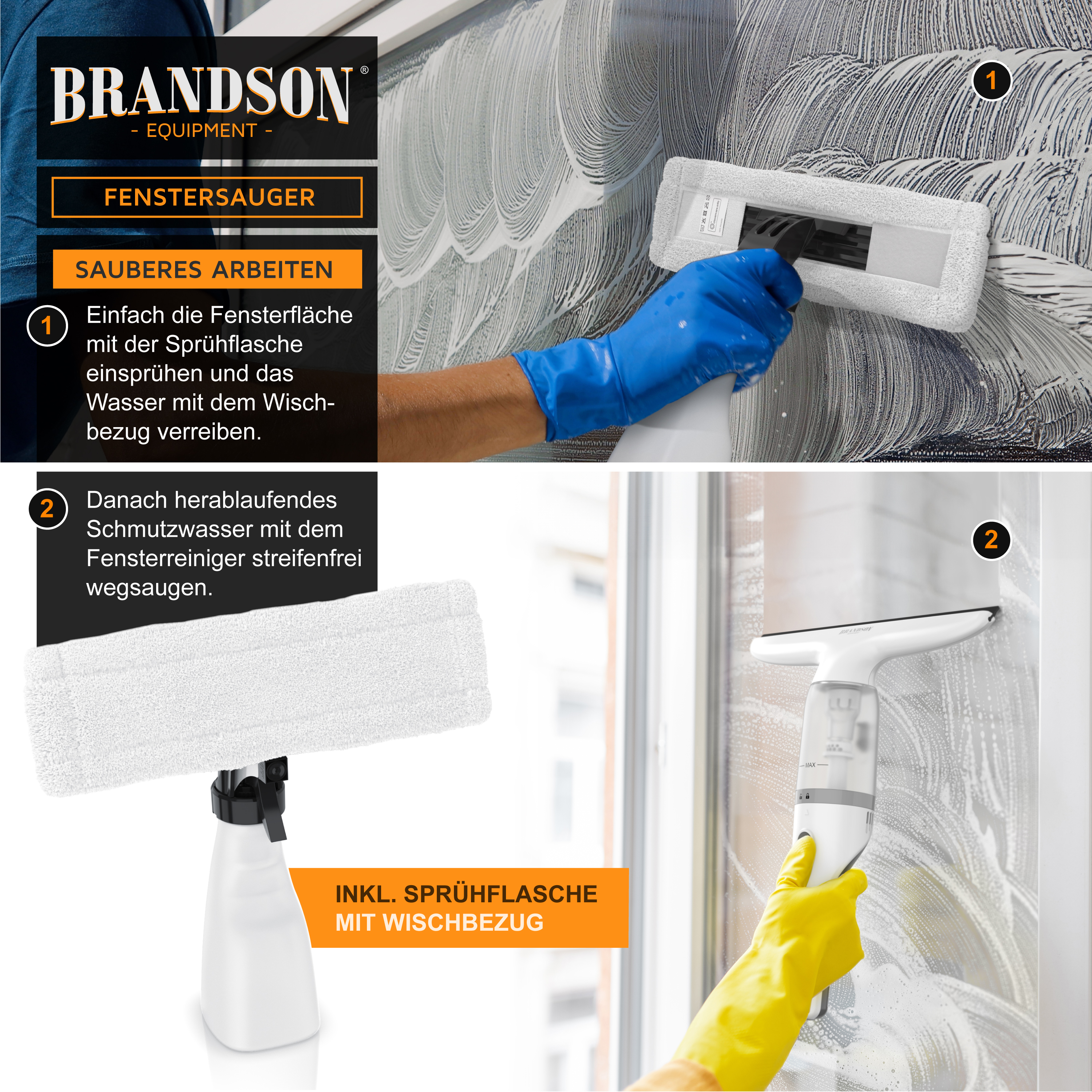 Brandson Fenstersauger mit Sprühflasche und Wischbezug, ideal für streifenfreies Fensterputzen, in Aktion mit Handschuhen.