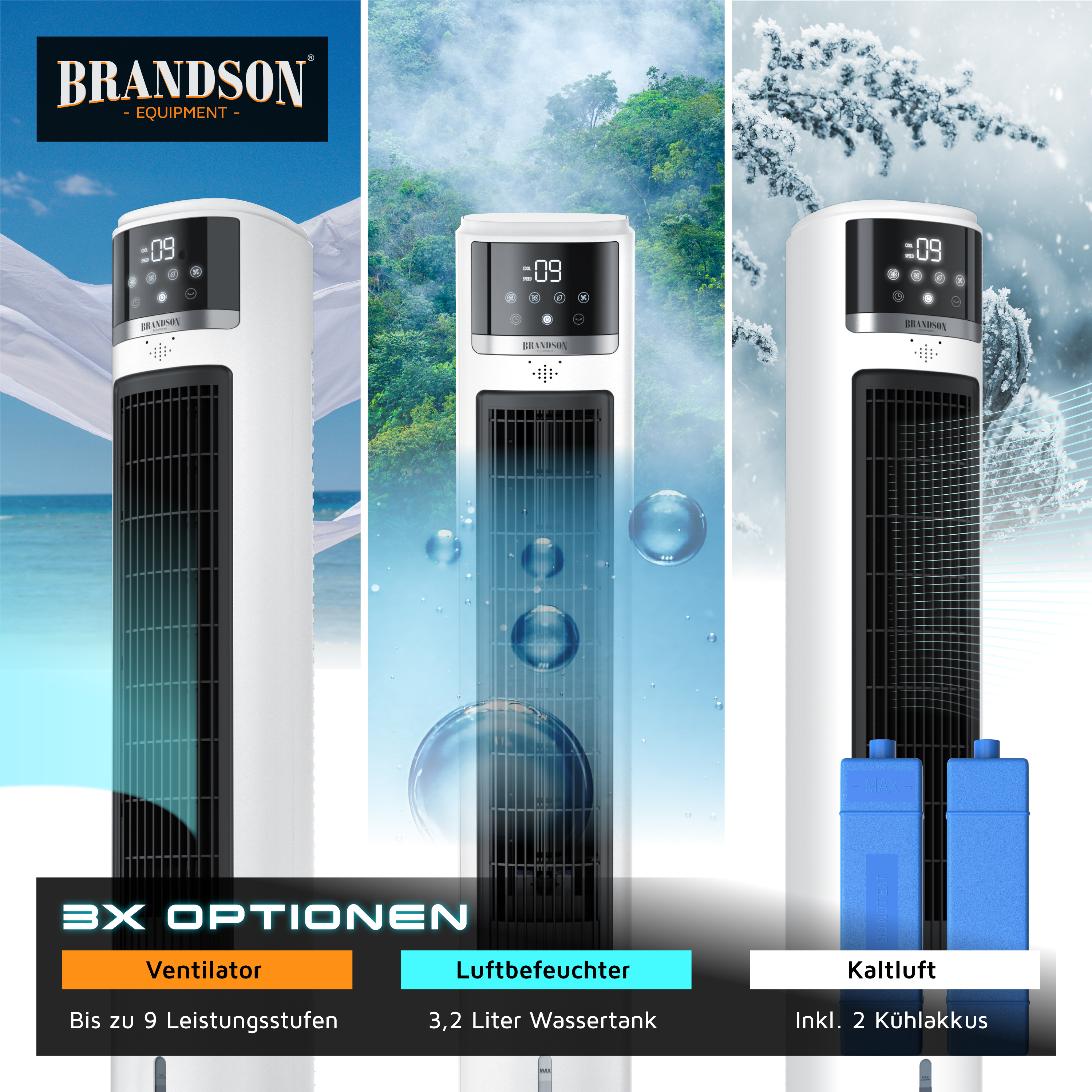 Brandson-Turmventilator mit elegantem weißem Design, Digitalanzeige und Wassertank zur Befeuchtung, dargestellt in einer kühlenden Umgebung.