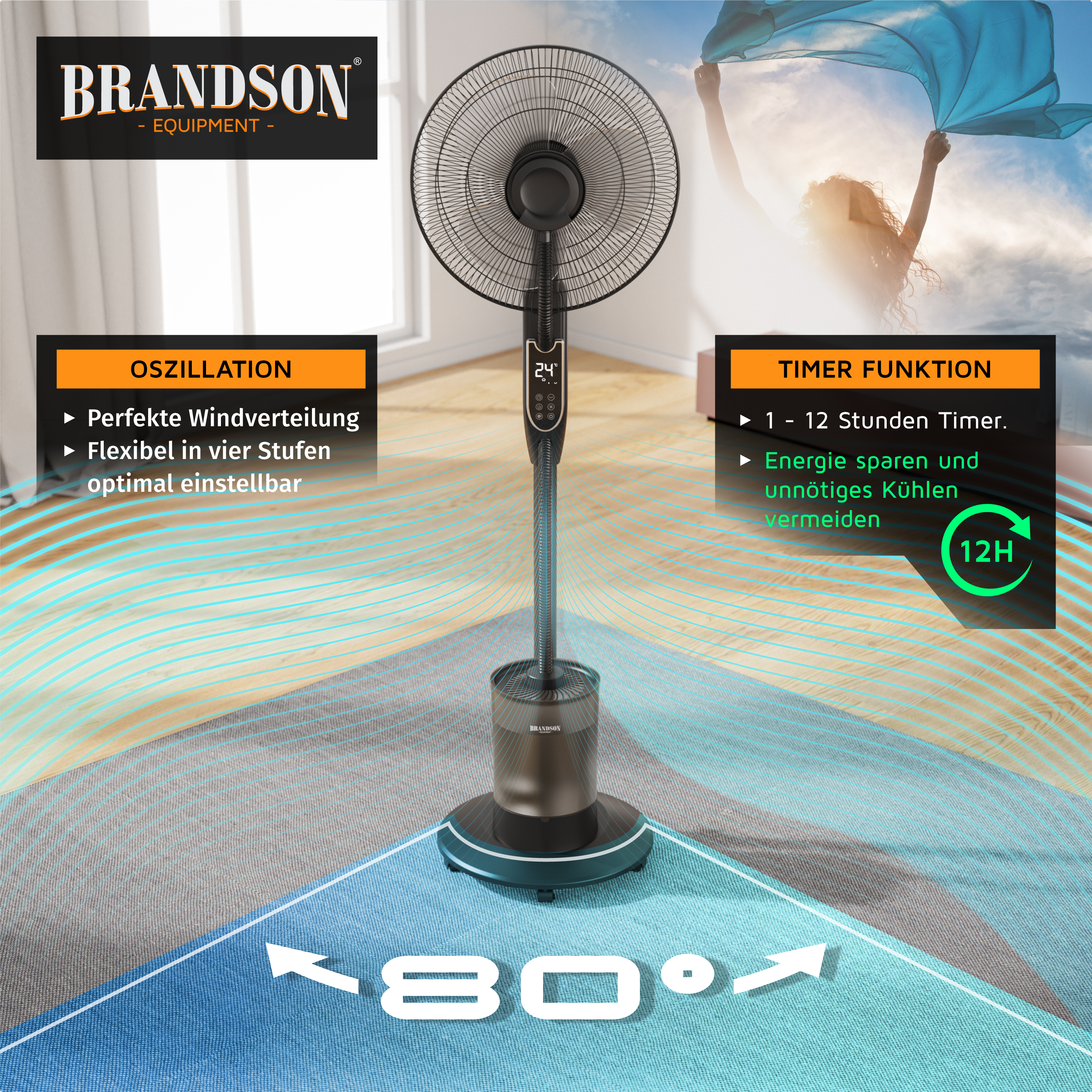 Standventilator von Brandson mit schlankem Design, schwarzer Farbe, Digitalanzeige und einstellbarer Oszillationsfunktion für optimalen Luftstrom.