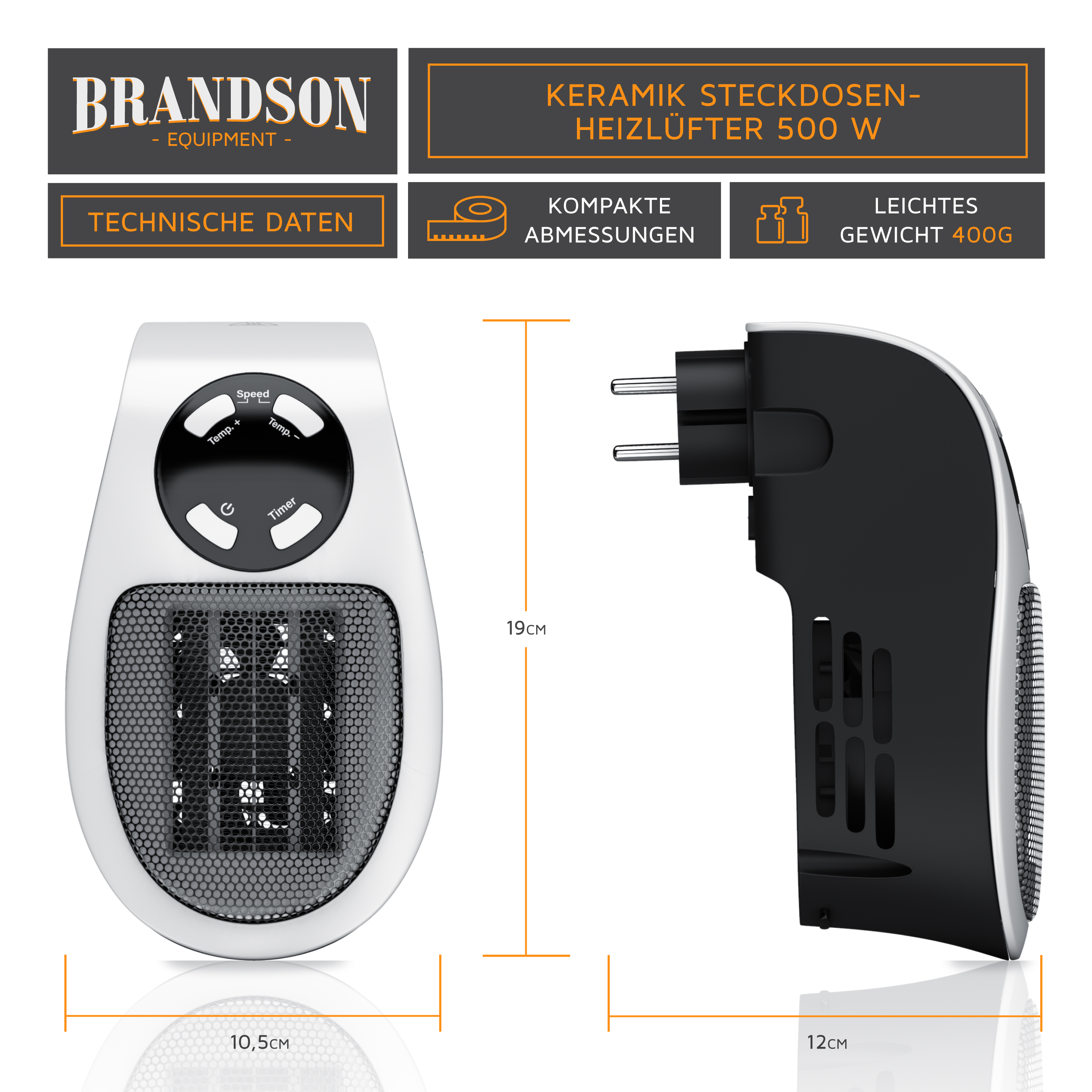 Brandson-Keramik-Steckerheizgerät mit kompaktem Design, Schwarz-Weiß-Farbe, Bedienfeld und leichter Bauweise.