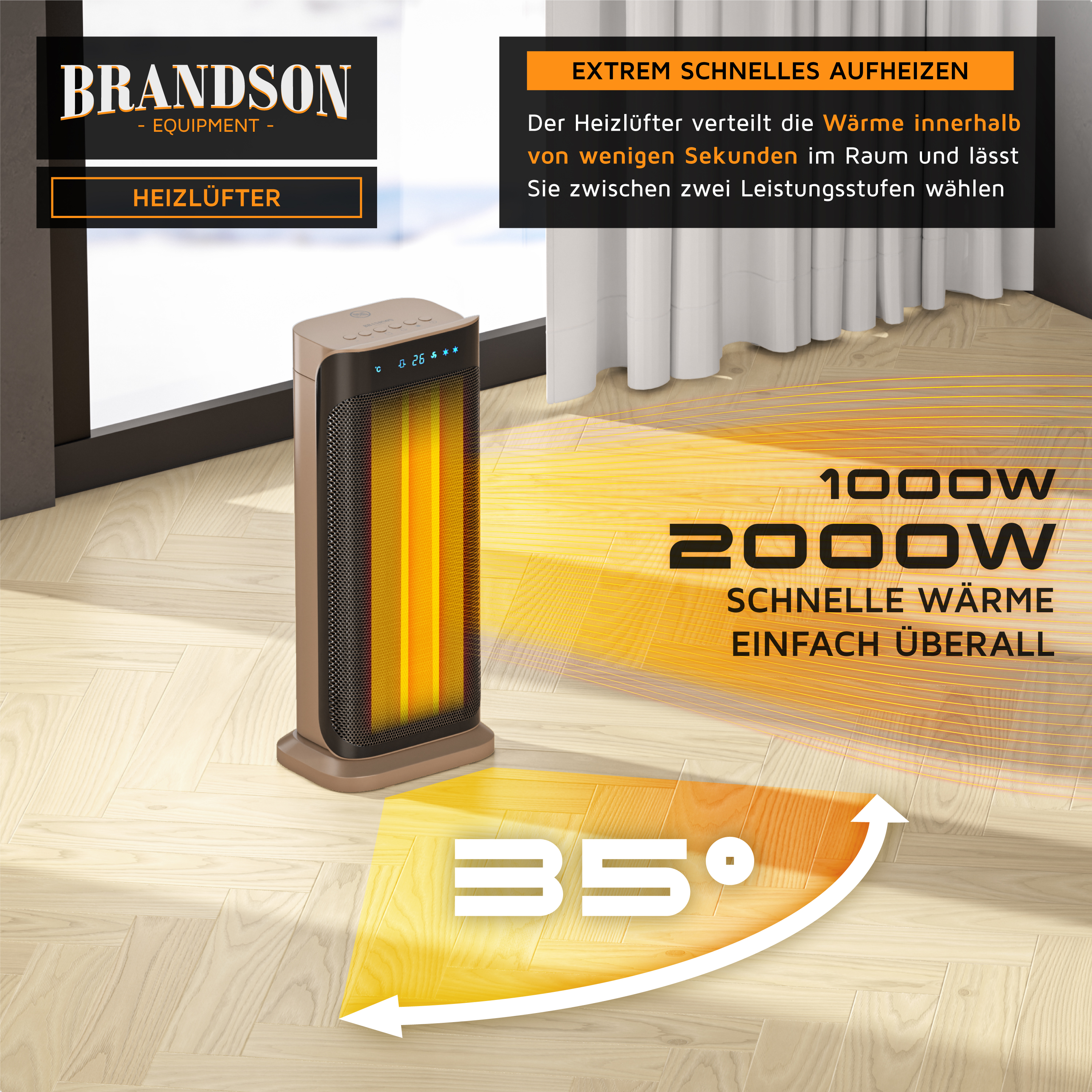 Brandson Heizlüfter in schlanker Bauform mit braunem Gehäuse, digitalem Display und zwei Leistungsstufen, auf einem Holzboden platziert.