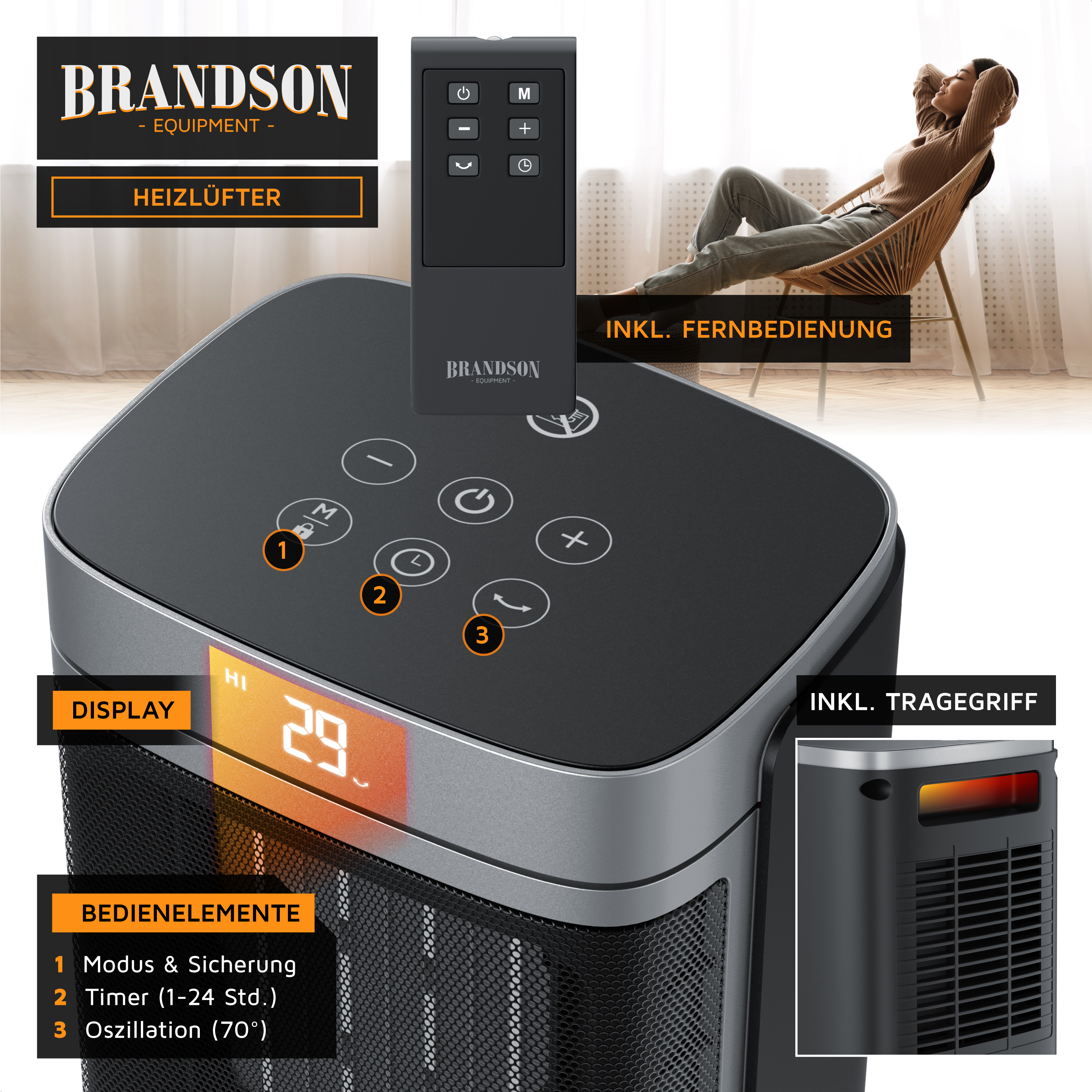 Brandson Heizlüfter mit Fernbedienung, digitalem Display, Bedienfeld und Tragegriff, ideal für den Einsatz im Wohnbereich.
