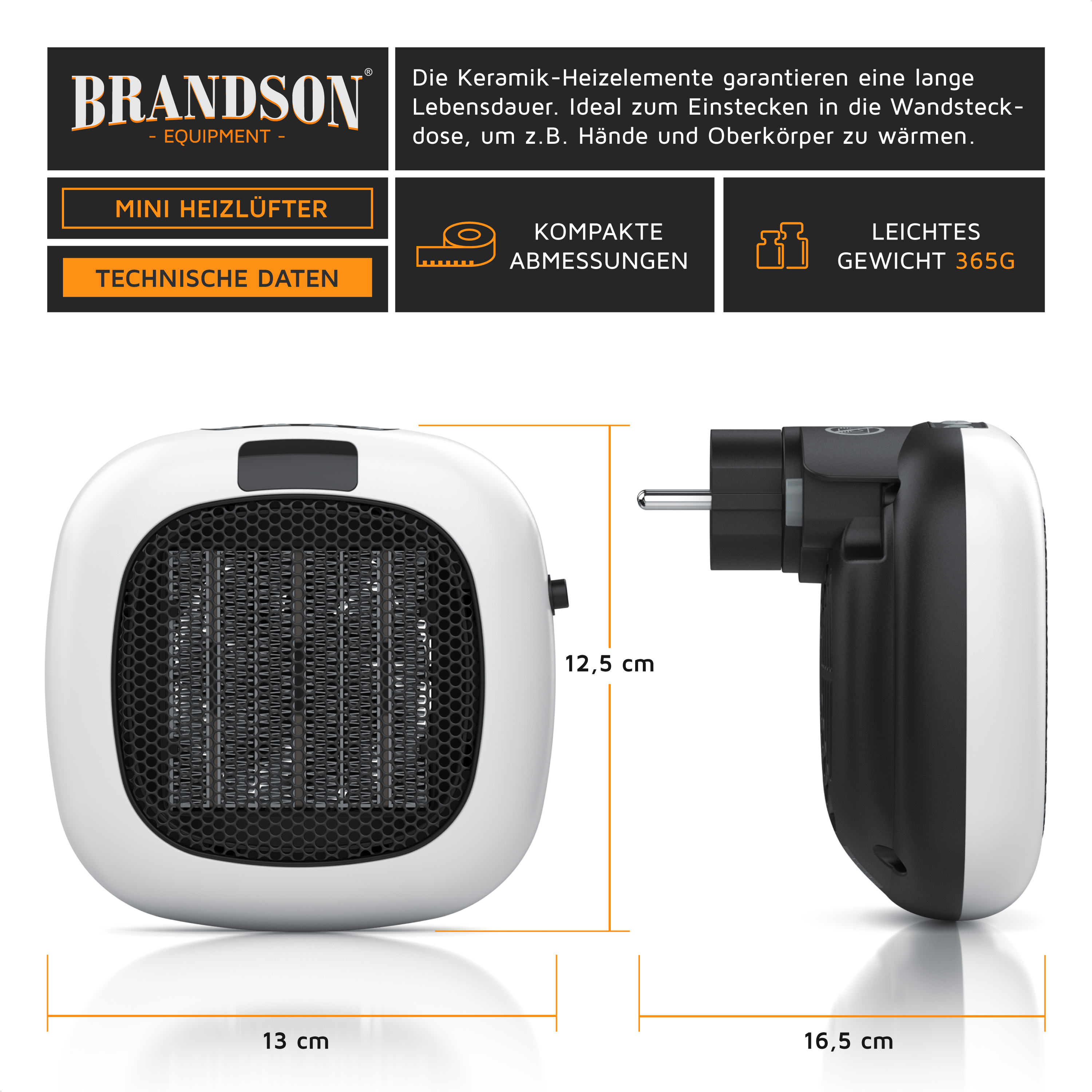 Brandson Mini Heizlüfter in kompakter Bauform, weiß mit schwarzem Gitter, ideal für Wandsteckdose, leicht und tragbar.