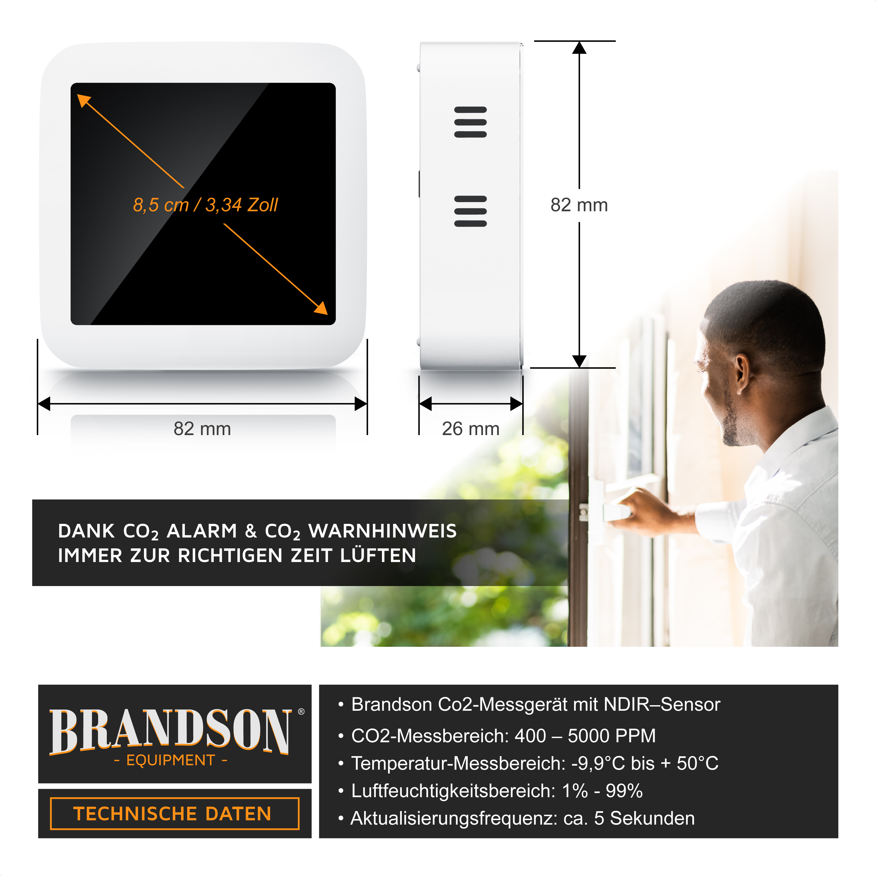 Brandson CO2-Messgerät mit NDIR-Sensor, quadratisches Design in Weiß, 8,5 cm Display, zeigt CO2-Werte und Temperatur an.