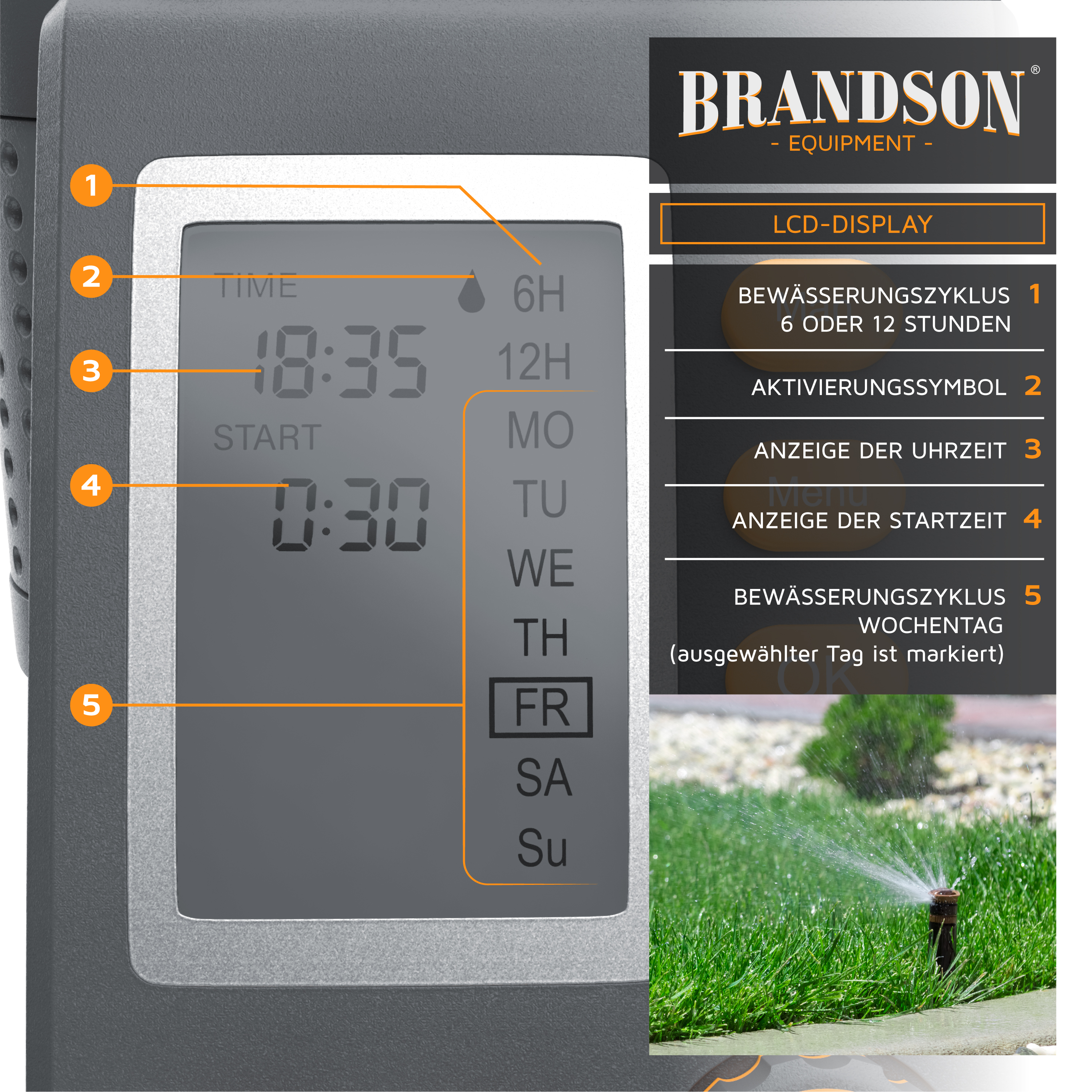 Brandson-LCD-Display mit Zeiteinstellungen, Bewässerungszyklusoptionen und Tagesauswahl für eine effiziente Gartenbewässerung.