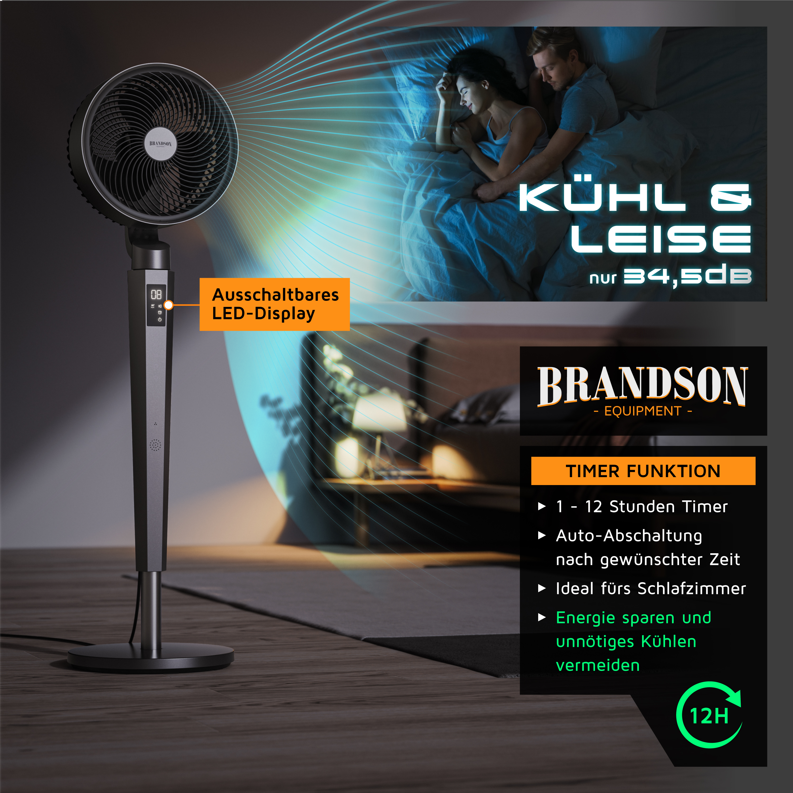 Standventilator von Brandson mit schlankem Design, einstellbarer Höhe und LED-Anzeige, ideal für leise Kühlung im Schlafzimmer.