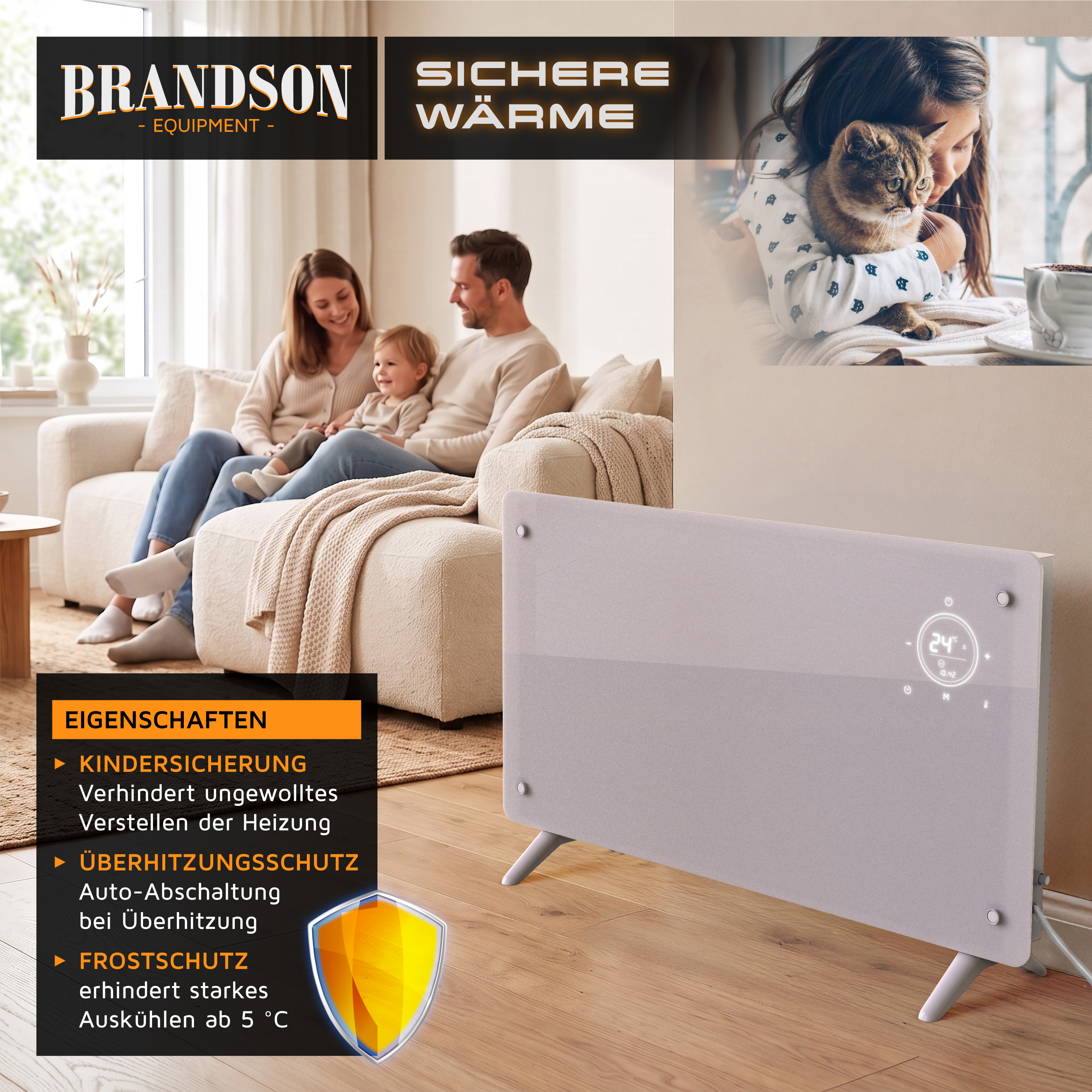 Brandson-Glasheizkörper mit Digitalanzeige in einem gemütlichen Wohnzimmer mit einer Familie im Hintergrund.