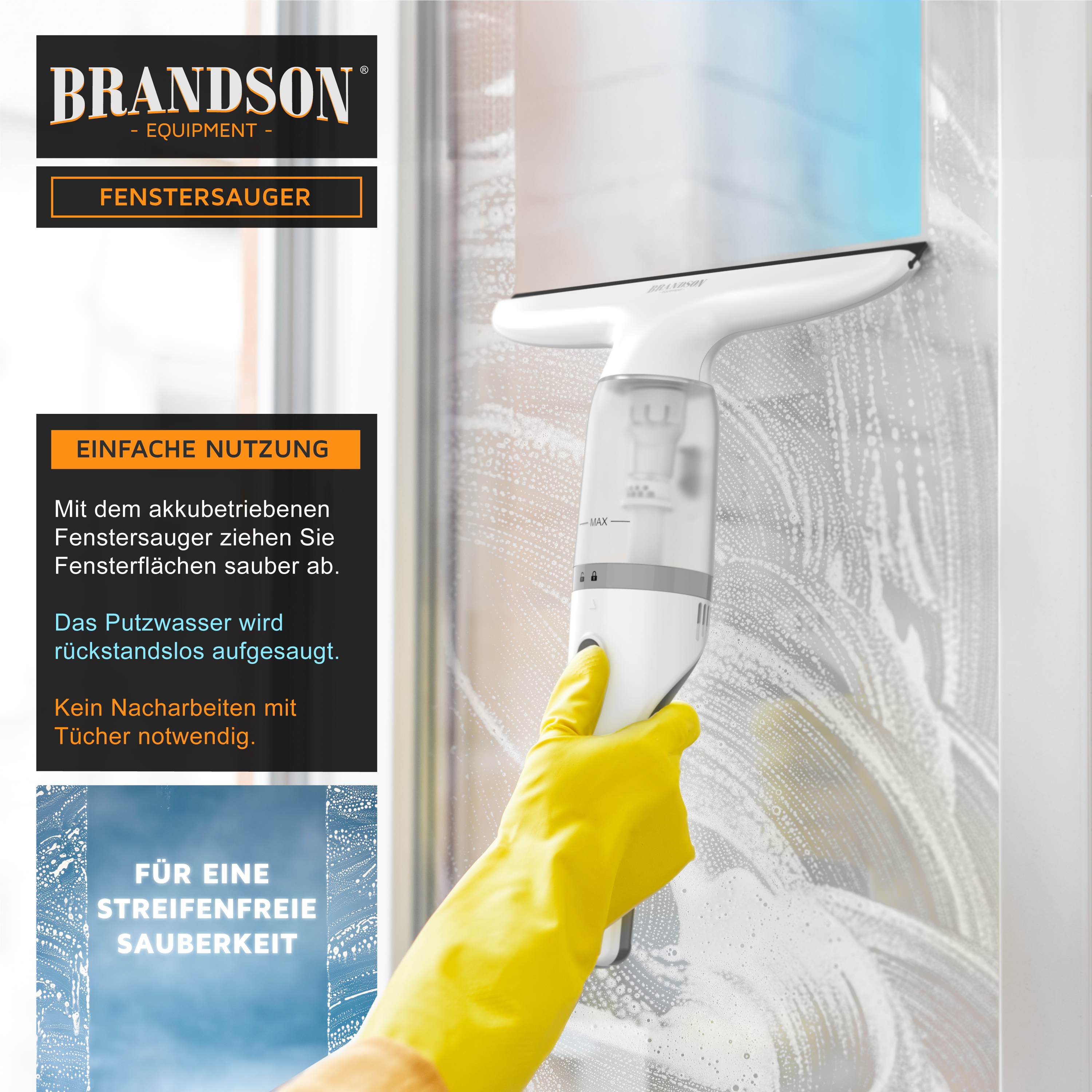 Brandson Fenstersauger mit ergonomischem Griff und transparentem Wassertank, ideal für streifenfreies Reinigen von Fenstern.