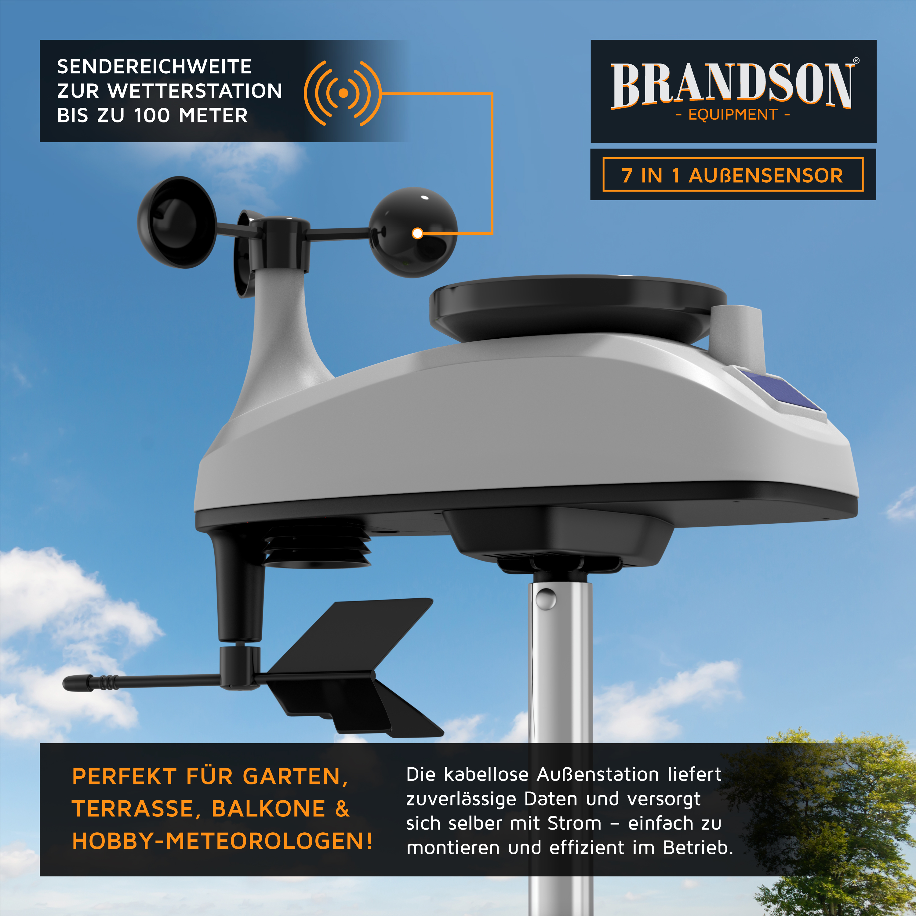 Brandson 7-in-1-Außensensor mit schlankem Design, Windmesser und drahtloser Übertragung bis zu 100 Metern, geeignet für Gärten und Terrassen.