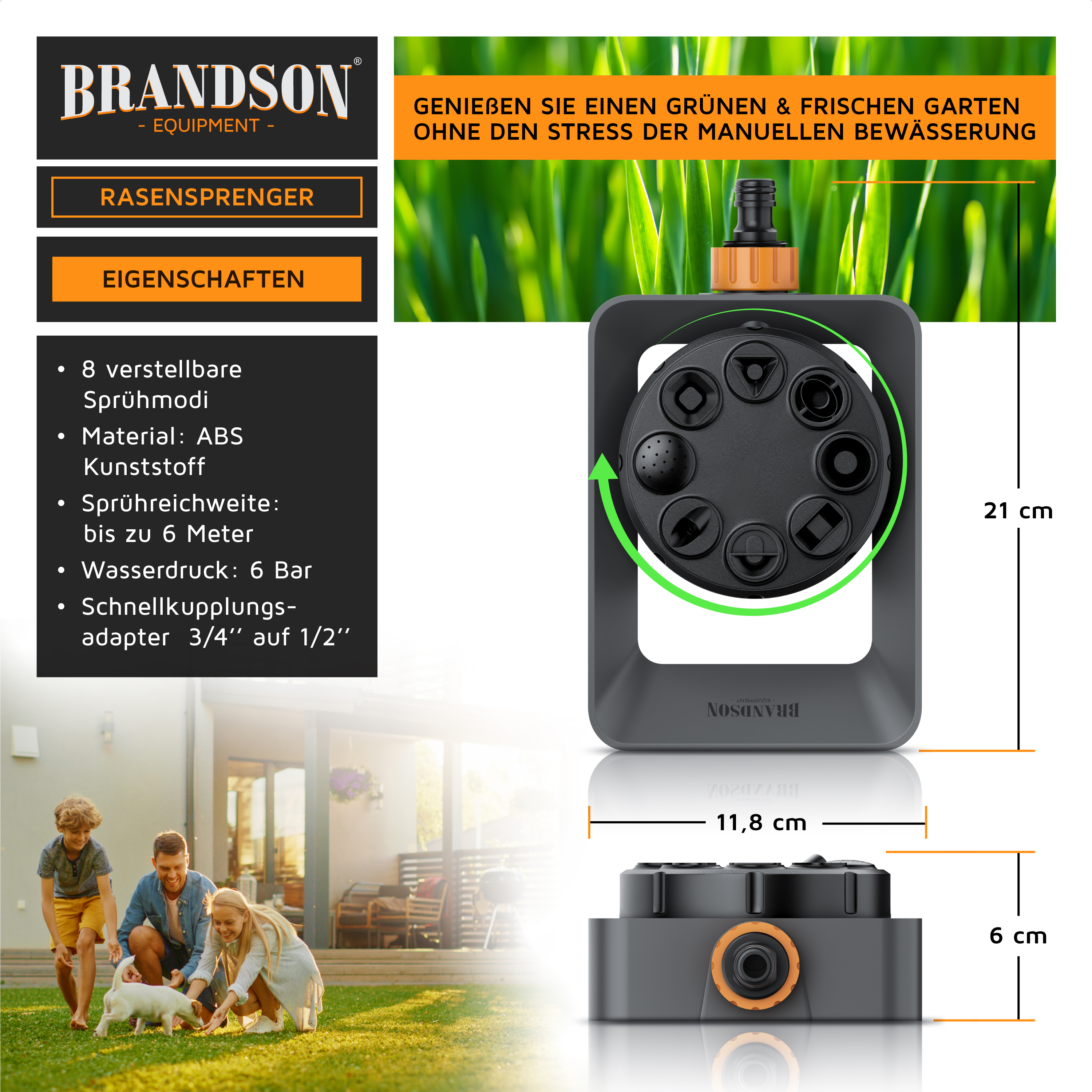 Brandson Rasensprenger aus ABS-Kunststoff mit 8 verstellbaren Sprühmodi und Schnellkupplungsadapter, ideal für die Gartenbewässerung.