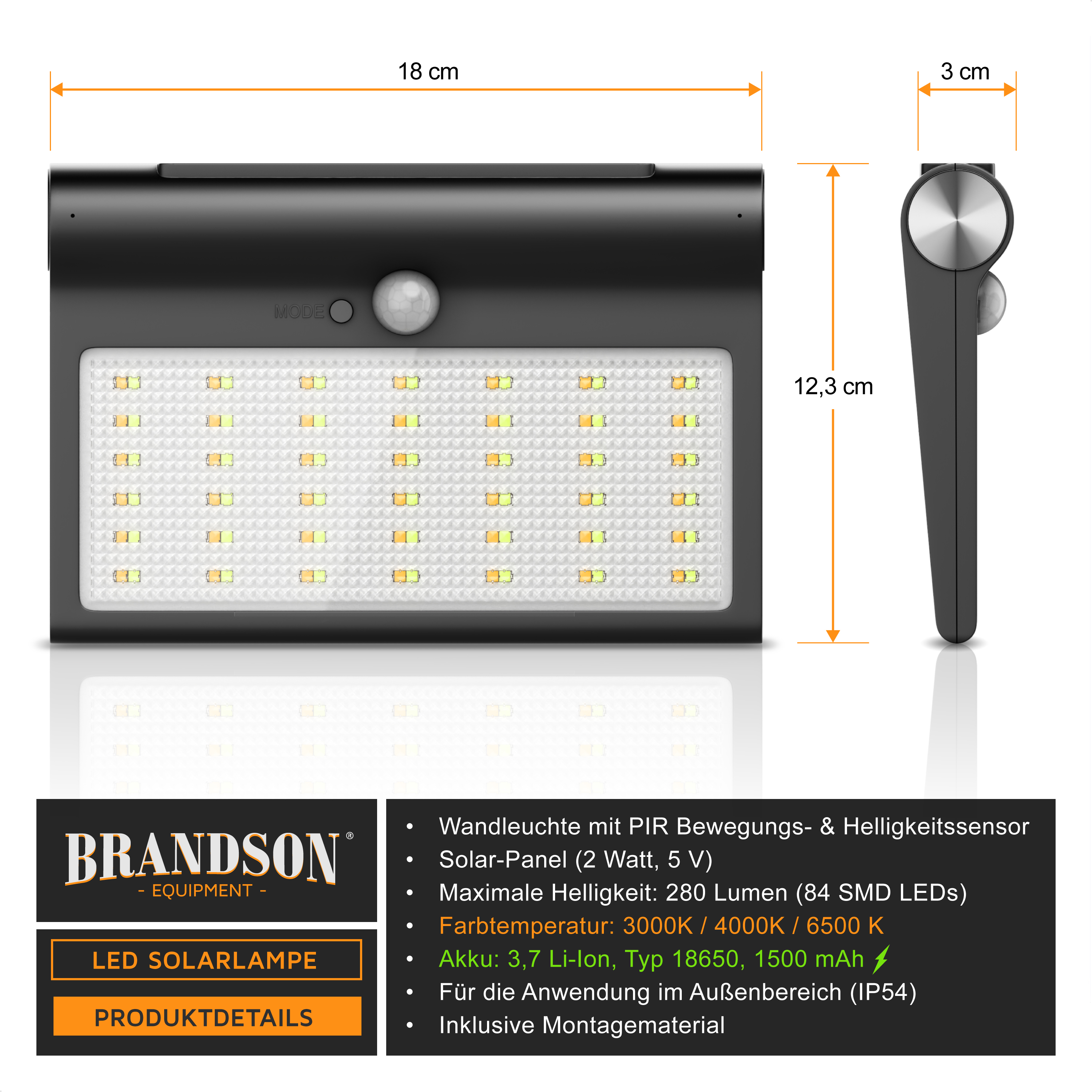 Brandson LED-Solarlampe mit PIR-Bewegungs- und Helligkeitssensor, elegantem schwarzem Design und mehreren LED-Leuchten für den Außenbereich.
