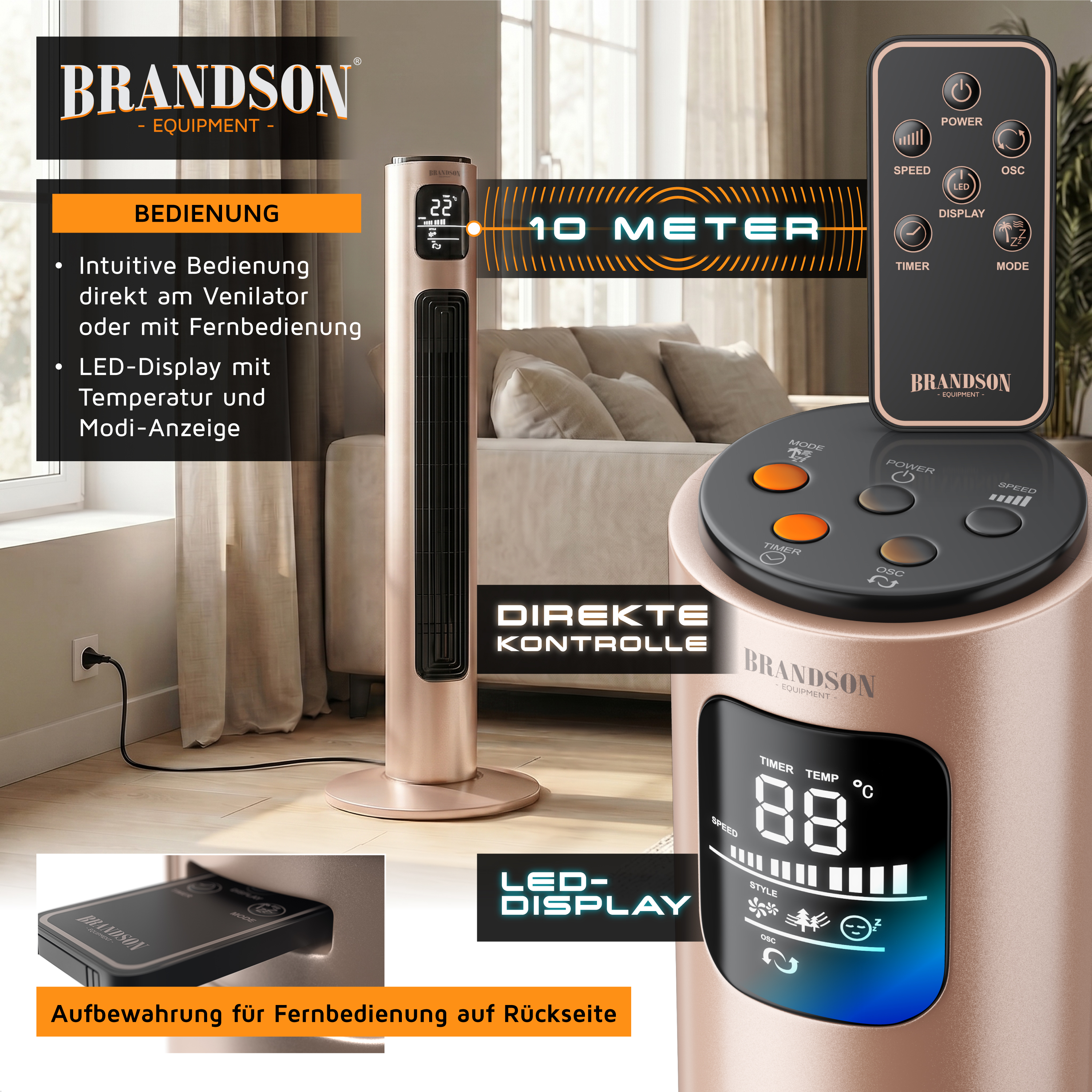 Turmventilator von Brandson mit schlankem Design, LED-Display zur Anzeige von Temperatur und Modi, Fernbedienung und intuitiver Bedienung.