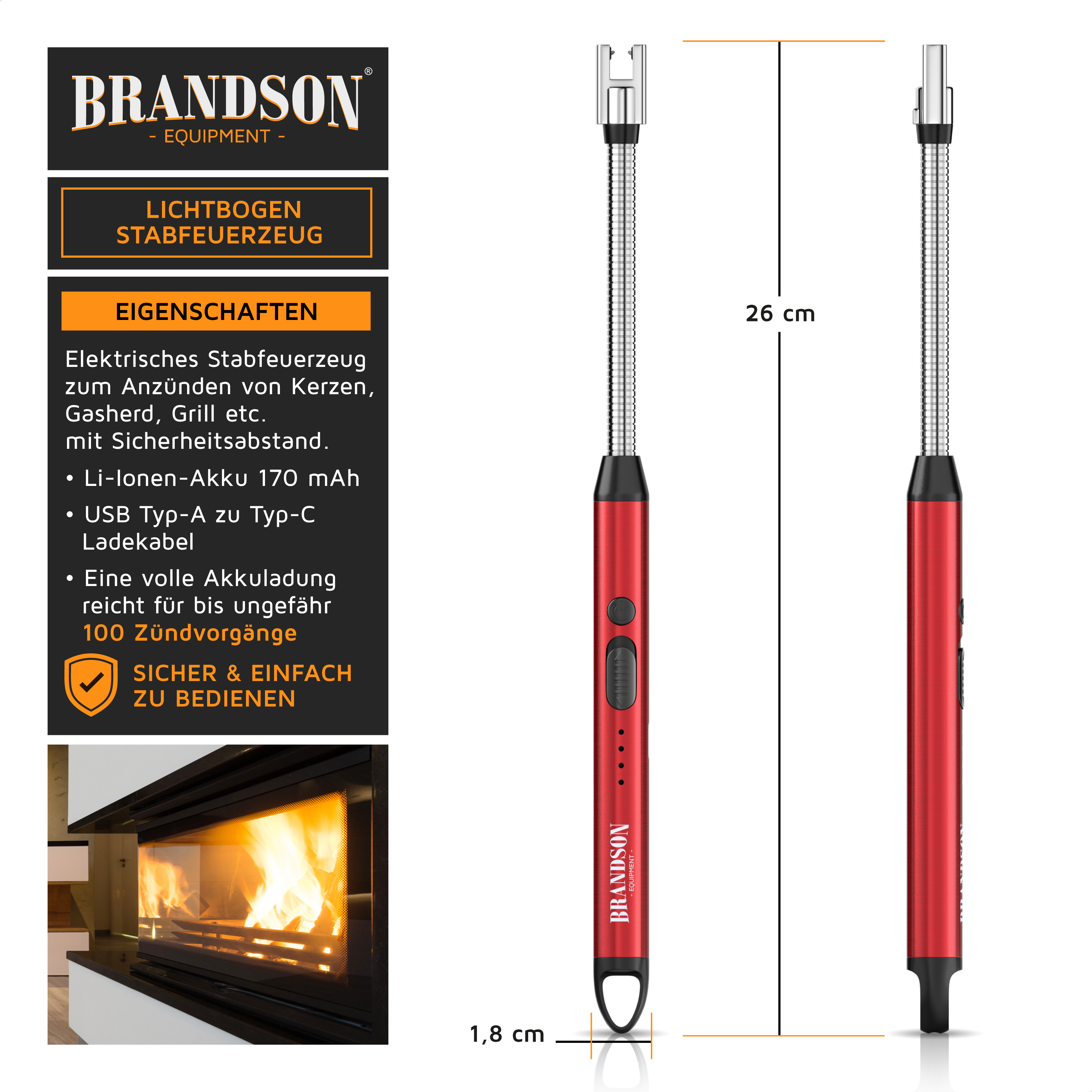 Brandson Lichtbogen-Stabfeuerzeug in Rot mit flexiblem Hals, Sicherheitsabstand und USB-C-Ladeanschluss, ideal zum Anzünden von Kerzen und Grills.