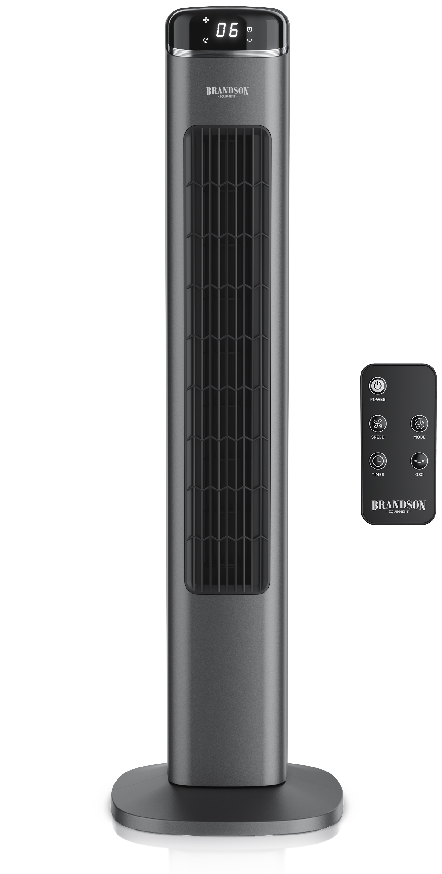 Brandson Turmventilator in elegantem schwarzem Design mit Digitalanzeige und Fernbedienung, stabilem Sockel und moderner Ästhetik.