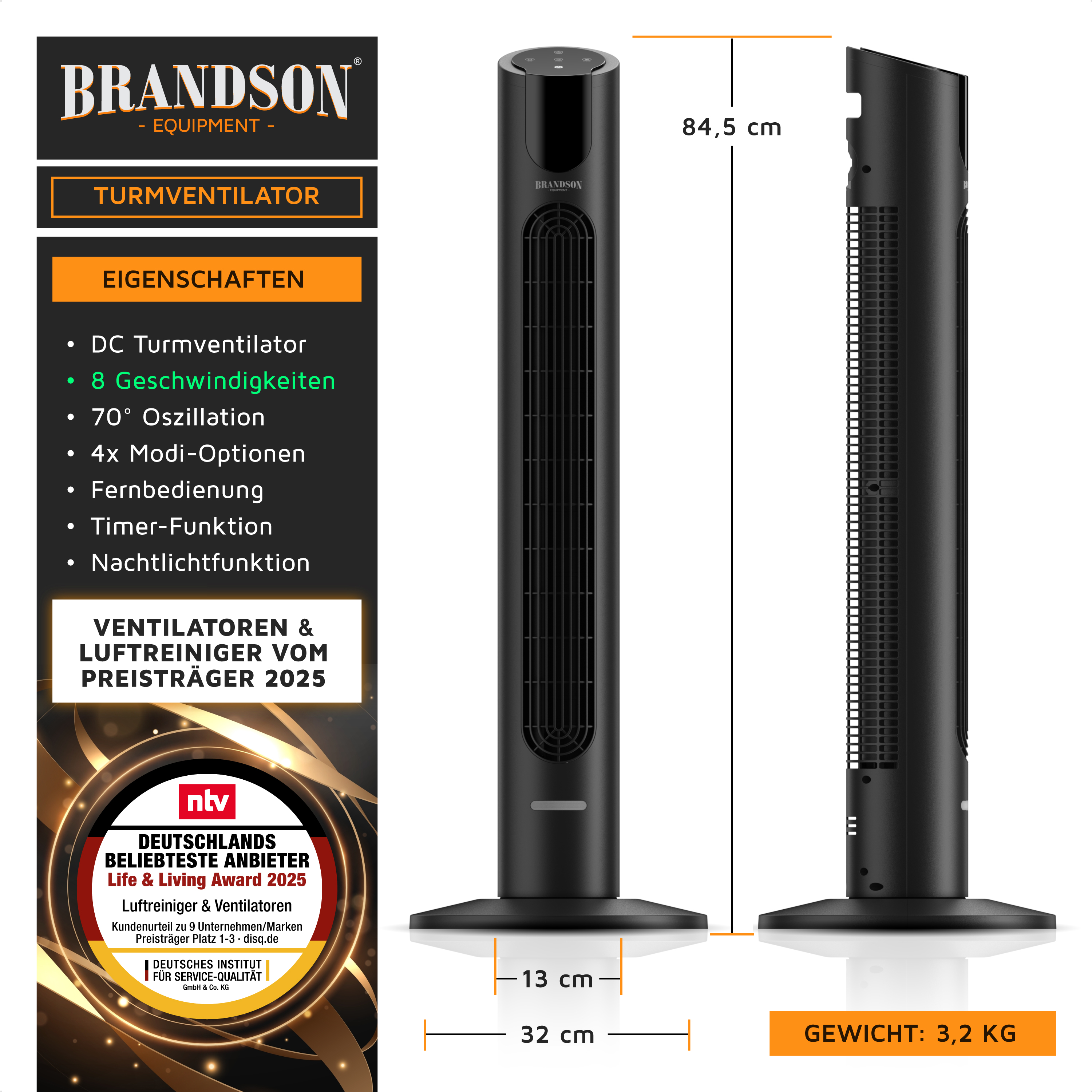 Brandson Turmventilator in Schwarz mit 8 Geschwindigkeiten, 70° Oszillation, Fernbedienung und Timer-Funktion, 84,5 cm hoch.