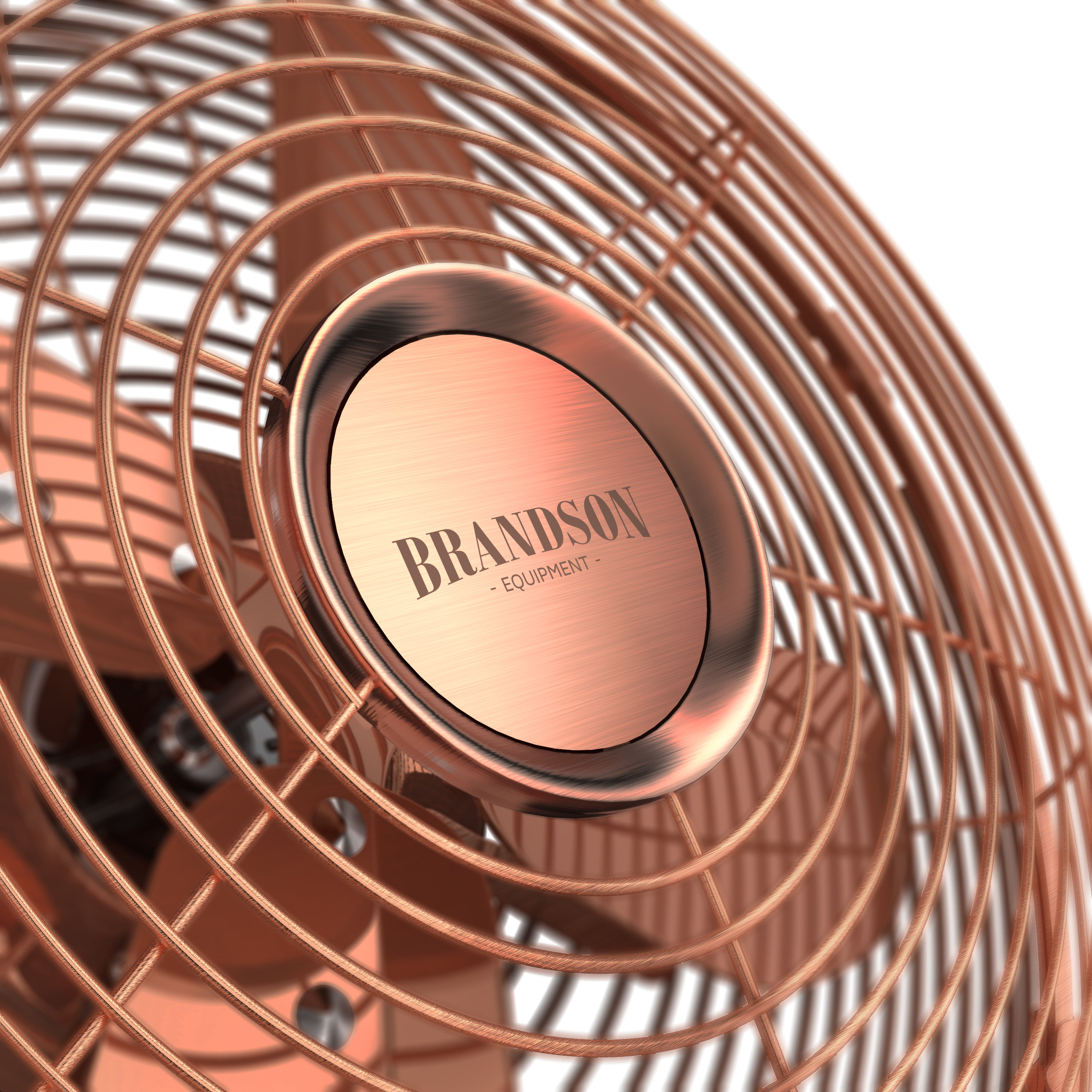 Brandson Standventilator mit Kupfergitter und markantem Logo, zeigt Detailaufnahme des Lüftergitters.