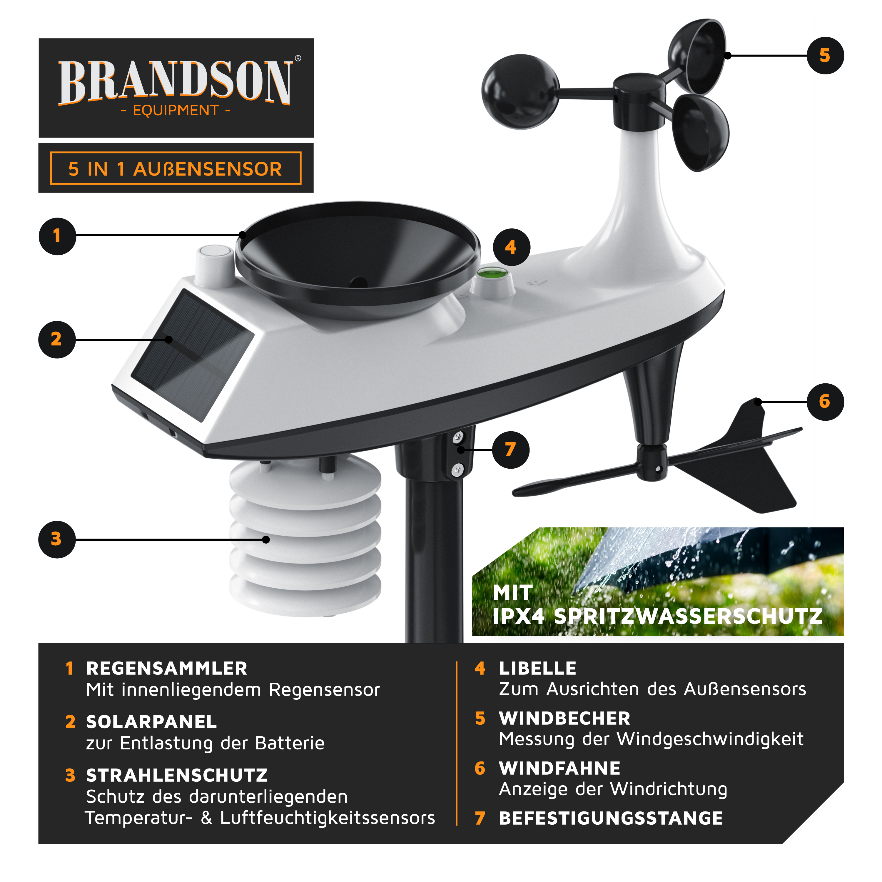 Brandson 5 in 1 Außensensor mit Regenmesser, Solarzelle, Windmesser und Temperaturfühler in Schwarz und Weiß, wetterfest mit IPX4 Schutz.