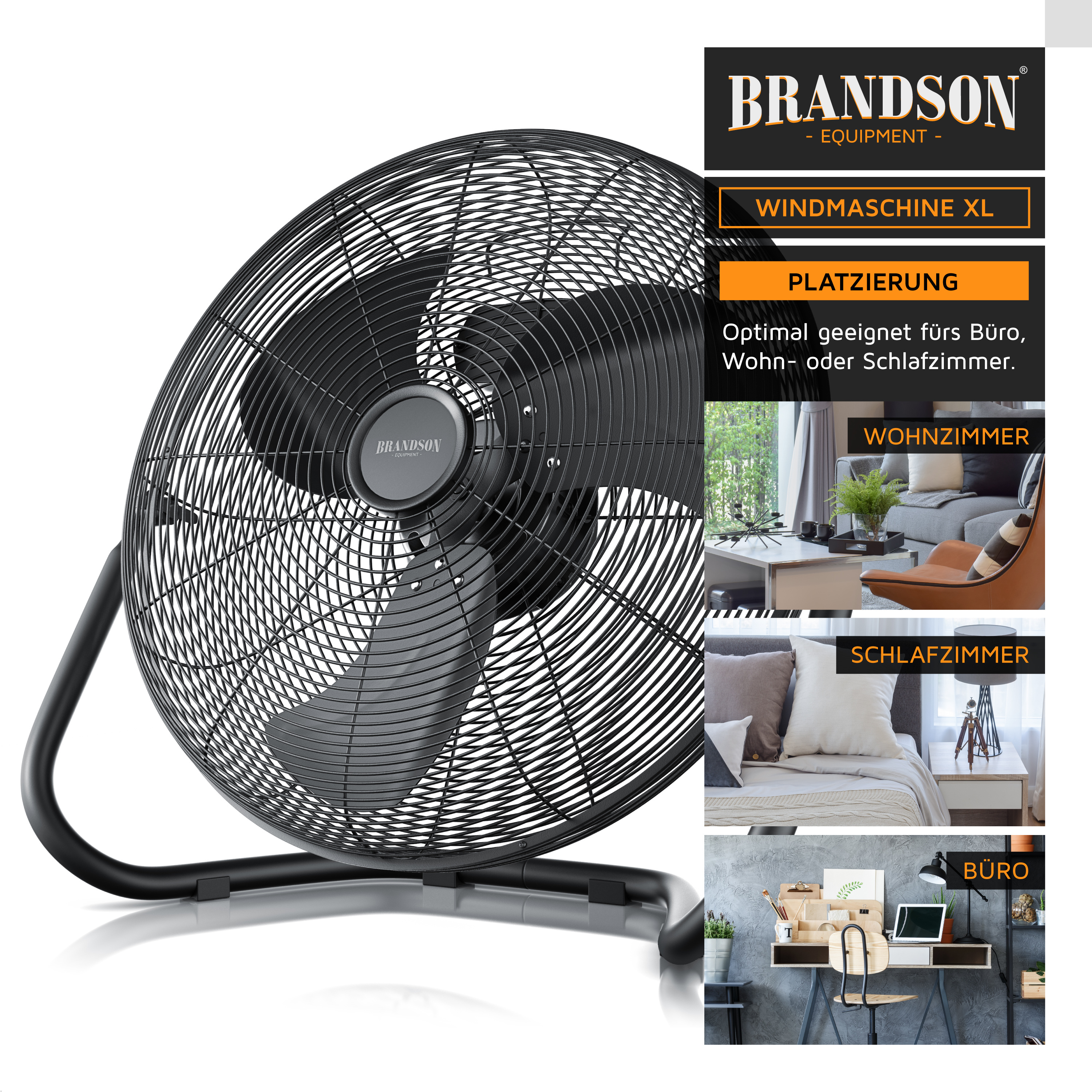 Brandson Windmaschine XL in Schwarz mit stabiler Bauform und großem Lüftergitter, geeignet für verschiedene Wohnräume.