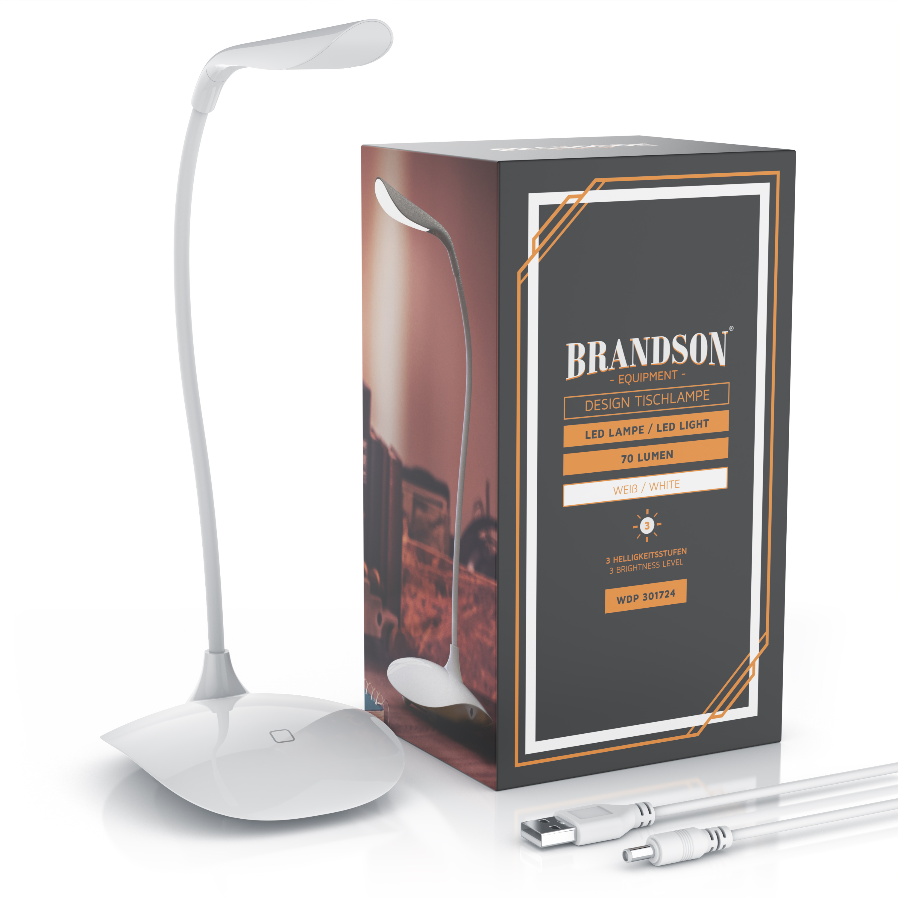 Brandson LED-Schreibtischlampe in Weiß mit flexiblem Hals und Touch-Steuerung, verpackt mit USB-Ladekabel.