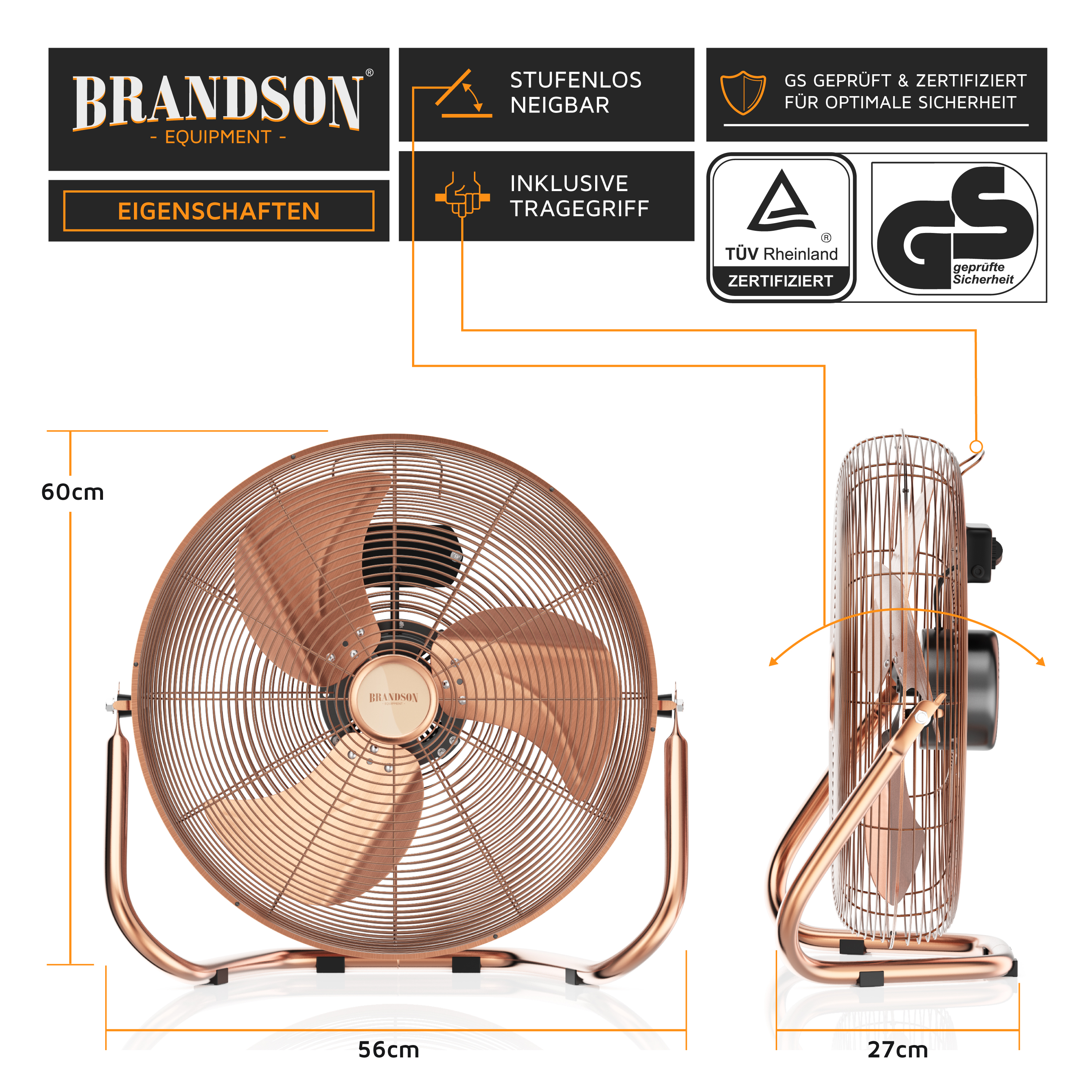 Brandson Standventilator in Kupferfarbe mit neigbarem Kopf, stabiler Bauform und integriertem Tragegriff.