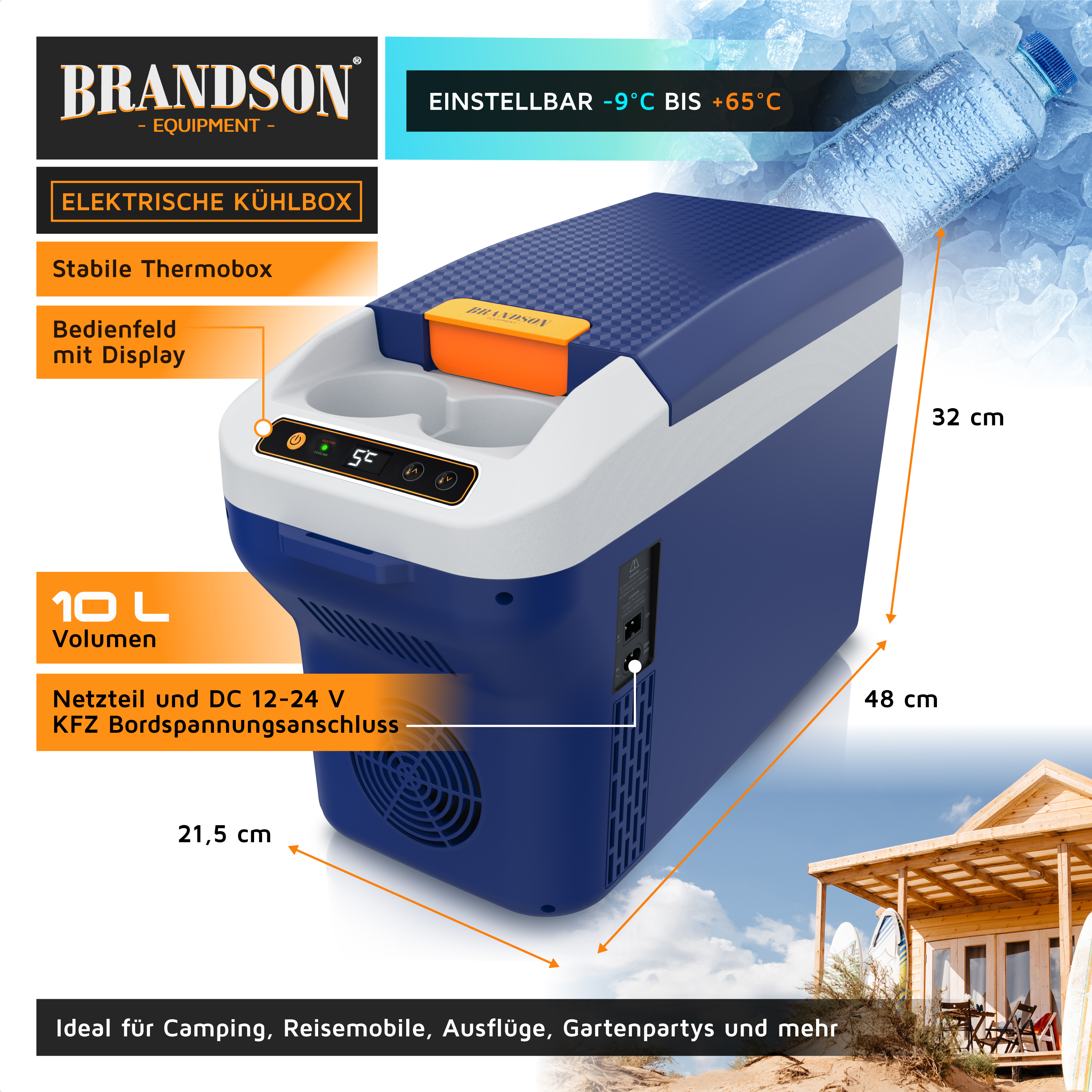 Brandson elektrische Kühlbox in Blau mit stabiler Bauform, Bedienfeld und Display, ideal für Camping und Gartenpartys.