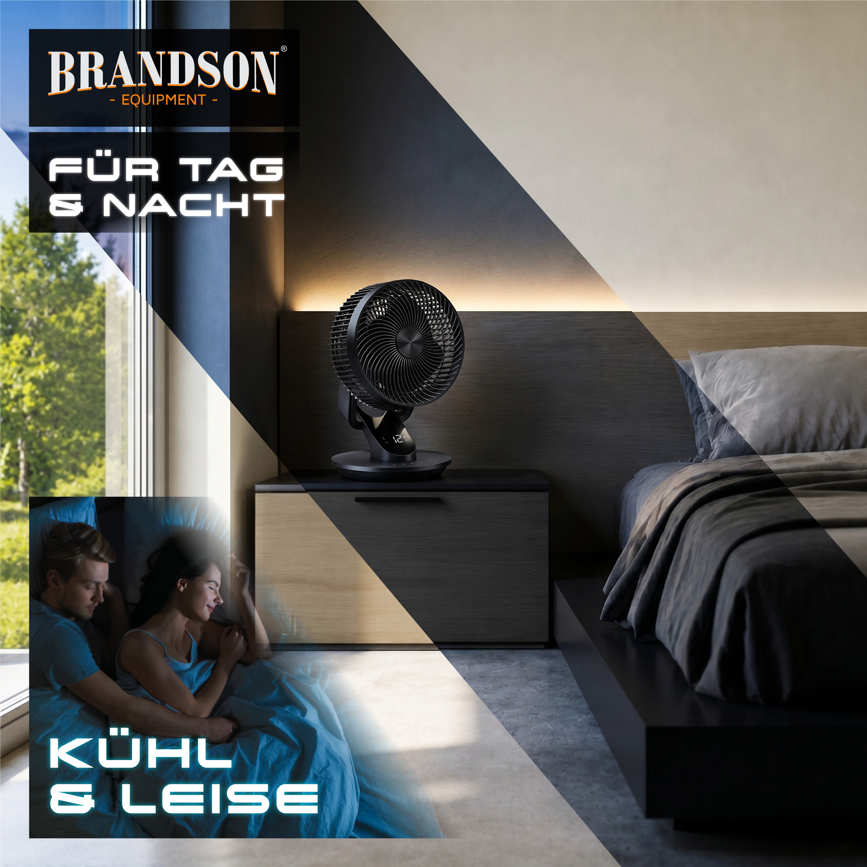 Brandson Tischventilator in Schwarz mit elegantem Design, positioniert auf einem Nachttisch in einem modernen Schlafzimmerambiente.